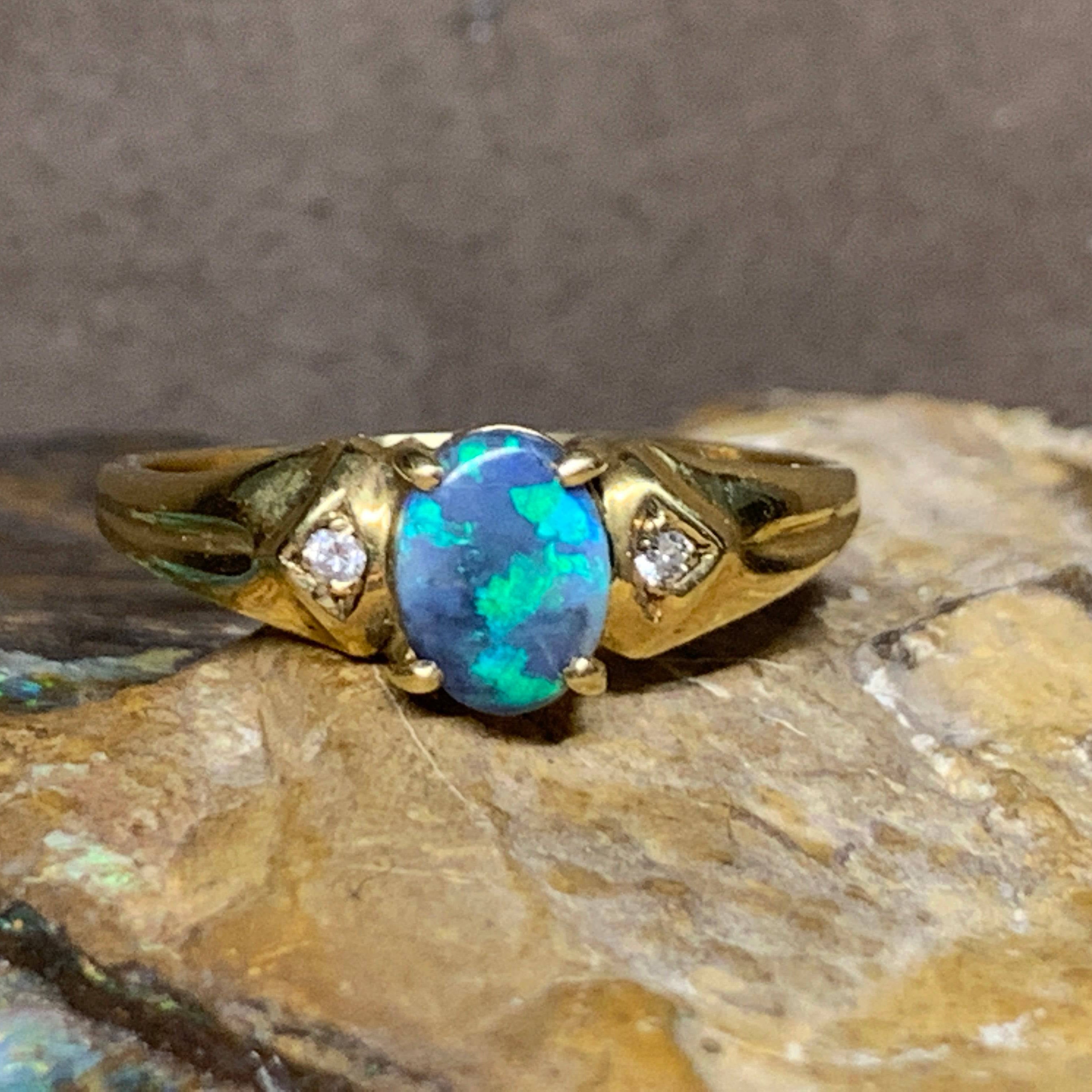 18kt Yellow Gold Black Opal and Diamond ring - Masterpiece Jewellery Opal & Gems Sydney Australia | Online Shop