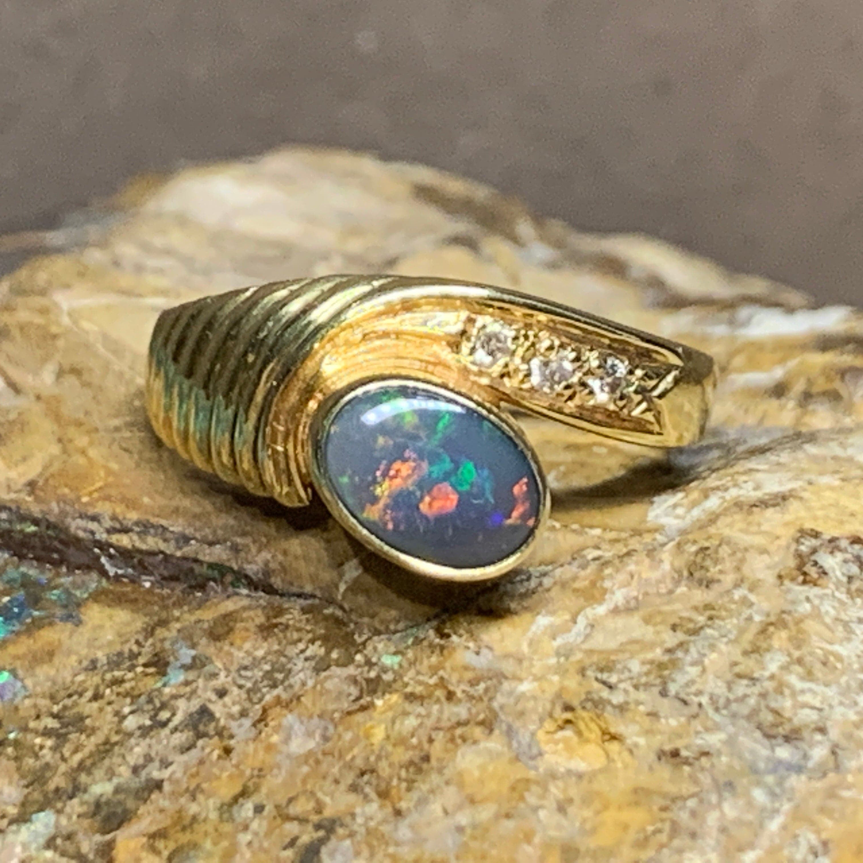 18KT Yellow Gold Black Opal and Diamond ring - Masterpiece Jewellery Opal & Gems Sydney Australia | Online Shop