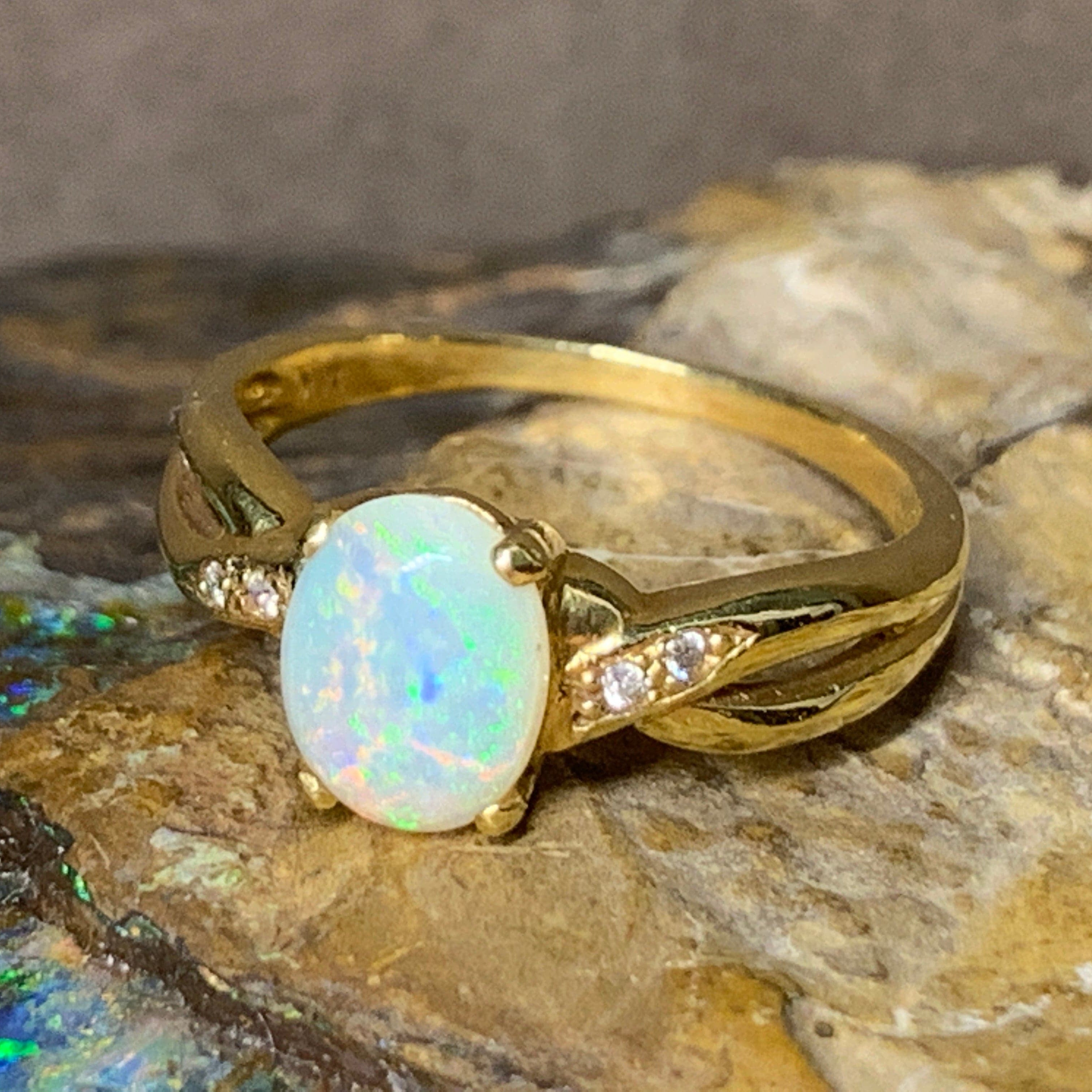 18kt Yellow Gold crossover Opal and Diamond ring - Masterpiece Jewellery Opal & Gems Sydney Australia | Online Shop