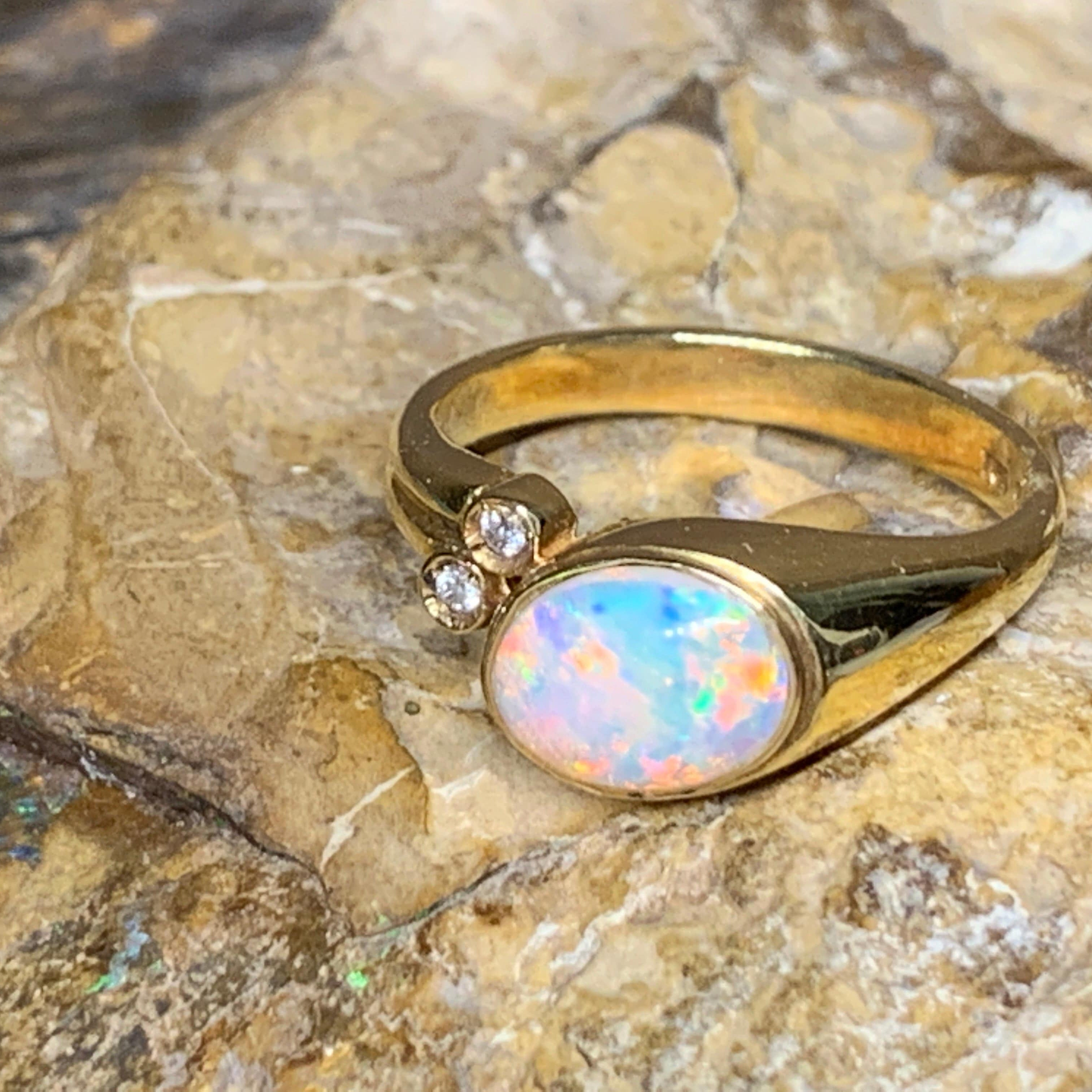 18kt Yellow Gold White Opal and Diamond ring - Masterpiece Jewellery Opal & Gems Sydney Australia | Online Shop