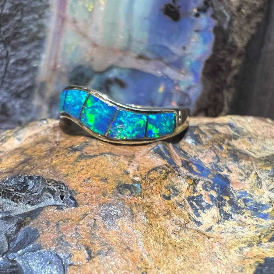 14kt Yellow Gold wave ring set with Opal inlayed - Masterpiece Jewellery Opal & Gems Sydney Australia | Online Shop