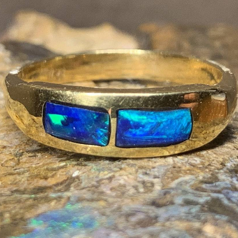 One 18kt Yellow Gold 2 Opal inlay bar band - Masterpiece Jewellery Opal & Gems Sydney Australia | Online Shop