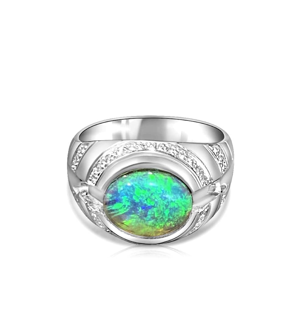 One 18kt White Gold designer ring with Black Crystal Opal and Diamonds - Masterpiece Jewellery Opal & Gems Sydney Australia | Online Shop