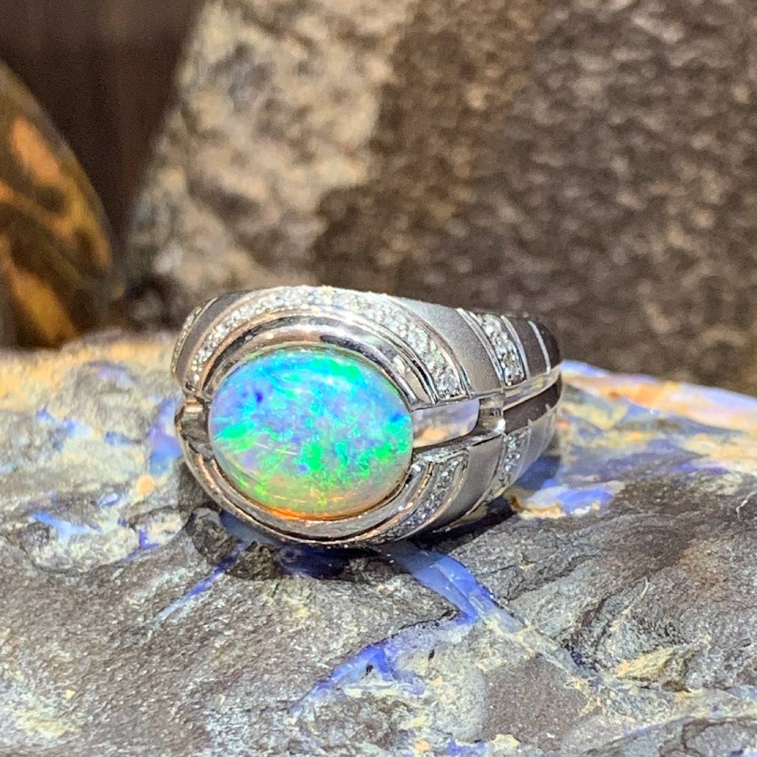 One 18kt White Gold designer ring with Black Crystal Opal and Diamonds - Masterpiece Jewellery Opal & Gems Sydney Australia | Online Shop