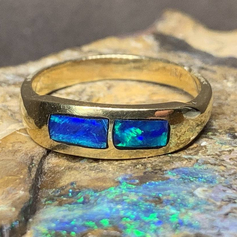 One 18kt Yellow Gold 2 Opal inlay bar band - Masterpiece Jewellery Opal & Gems Sydney Australia | Online Shop