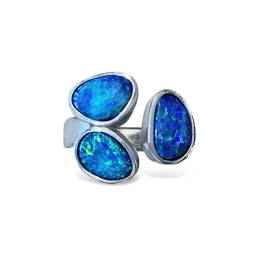 Sterling Silver ring set with 3 Black Opals matt finish - Masterpiece Jewellery Opal & Gems Sydney Australia | Online Shop