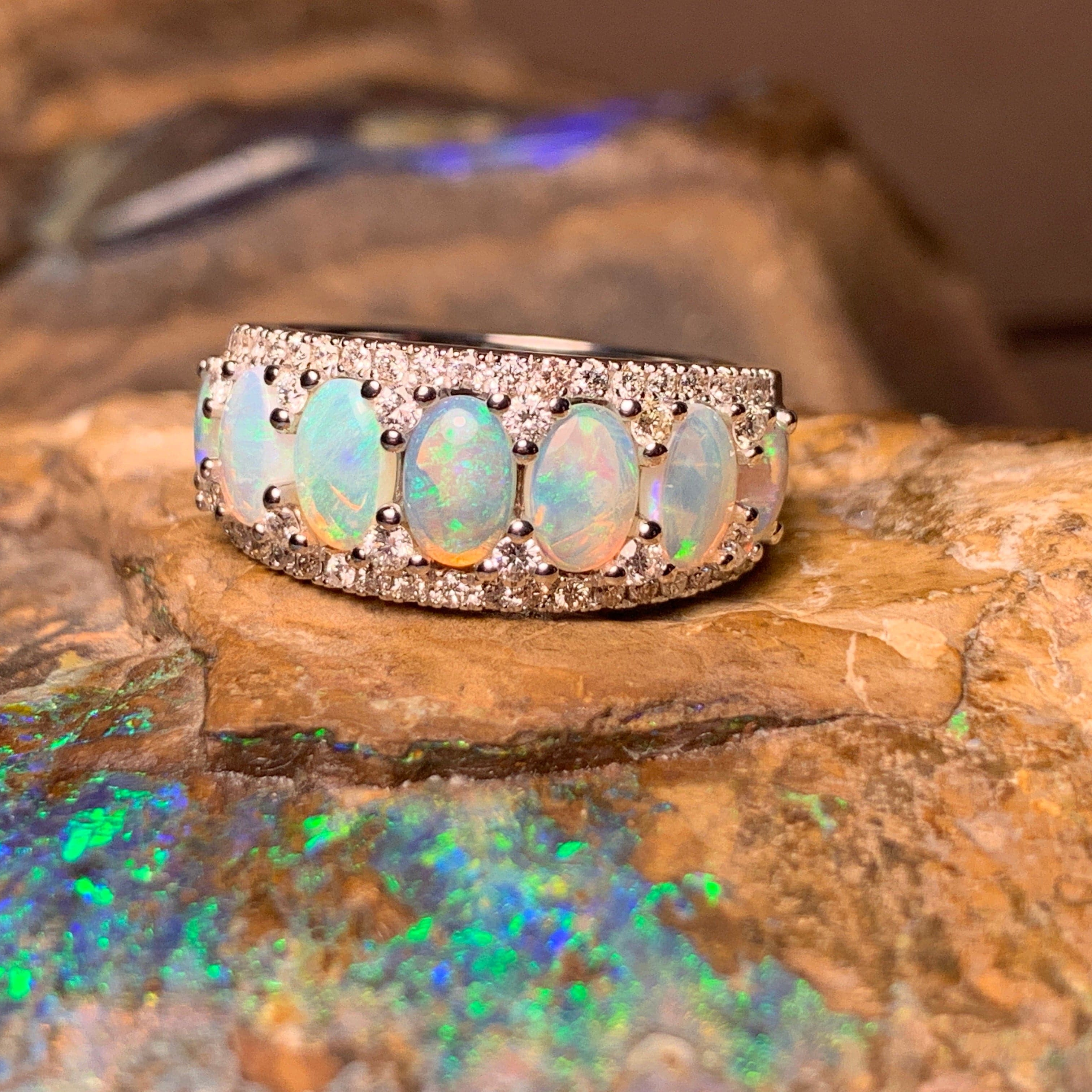 14kt White Gold eternity style Opal and Diamond ring - Masterpiece Jewellery Opal & Gems Sydney Australia | Online Shop