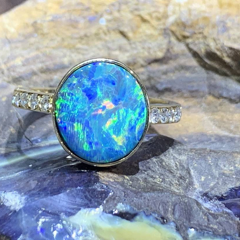 18kt Yellow Gold Black Opal and Diamond ring - Masterpiece Jewellery Opal & Gems Sydney Australia | Online Shop