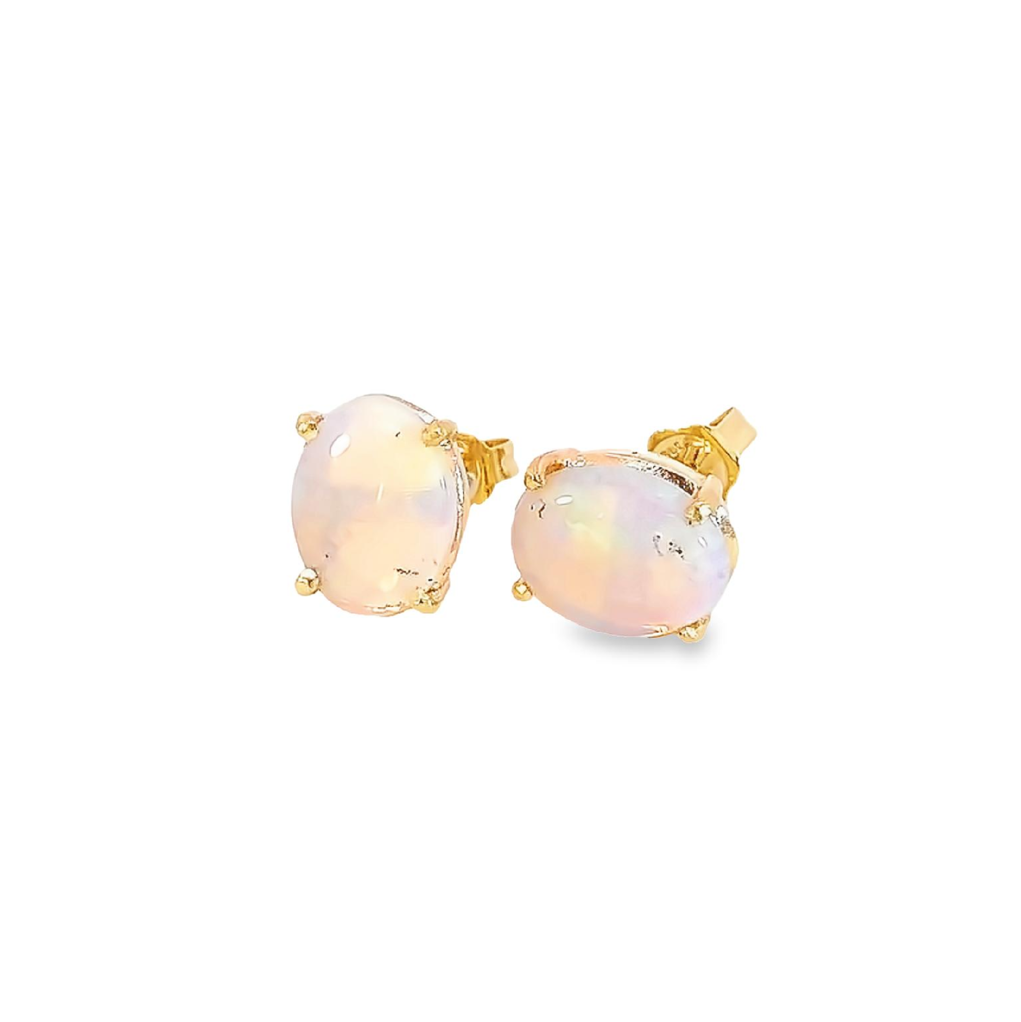 9kt Yellow Gold studs set with two 10x8mm Light Opals claw set 3ct
