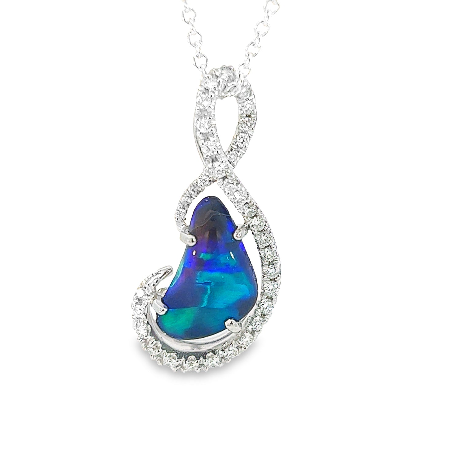 18kt White Gold Black Opal & Diamond Pendant - Exquisite Gold & Silver Opal Necklace Options, Dainty Opal Pendants - Masterpiece Jewellery Opal & Gems Sydney Australia | Online Shop