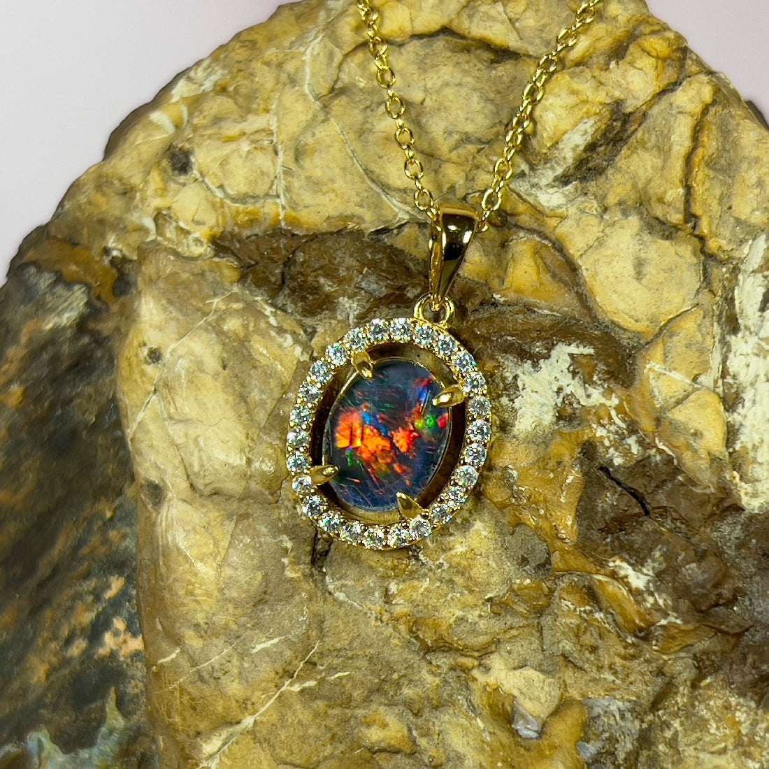 Gold plated Sterling Silver Opal triplet 9x7mm halo pendant - Masterpiece Jewellery Opal & Gems Sydney Australia | Online Shop