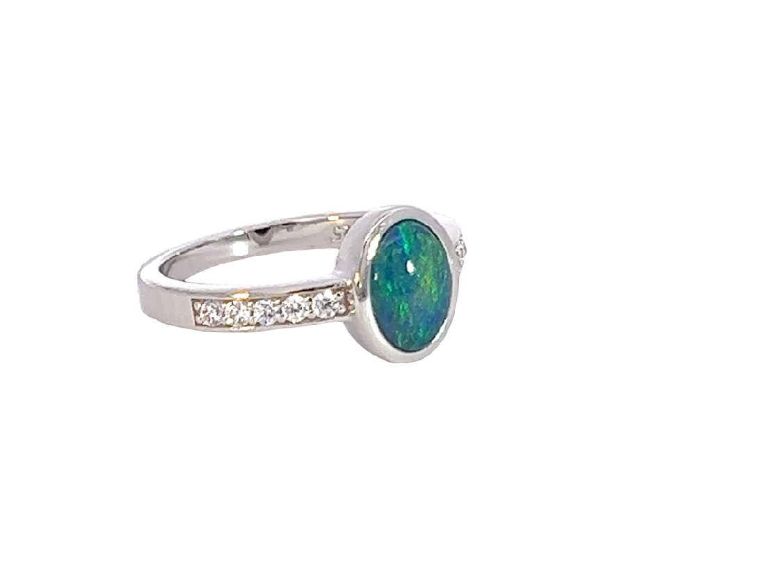 Sterling Silver Opal triplet oval and cubic zirconia ring - Masterpiece Jewellery Opal & Gems Sydney Australia | Online Shop