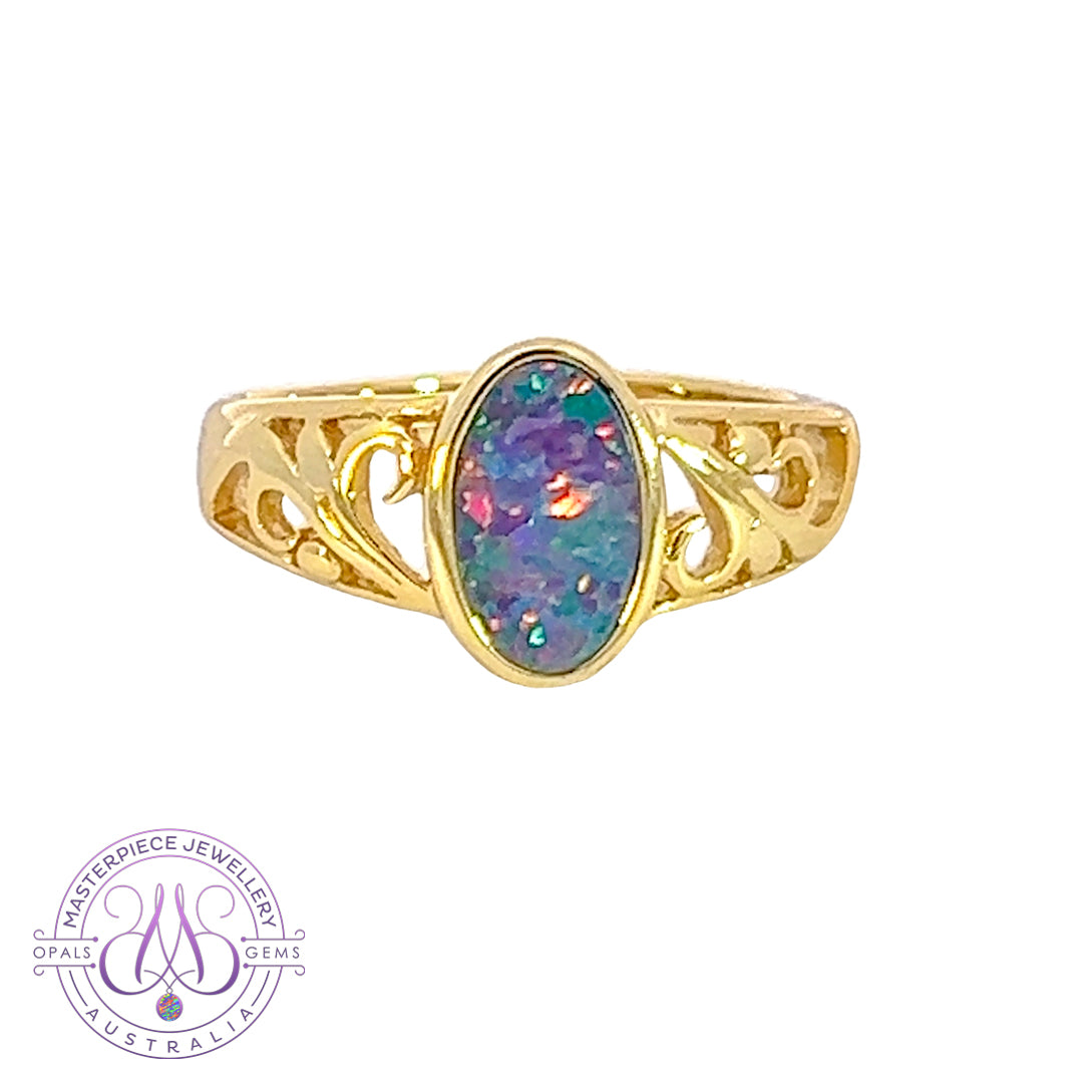 Gold plated silver Opal doublet patterned ring - Masterpiece Jewellery Opal & Gems Sydney Australia | Online Shop