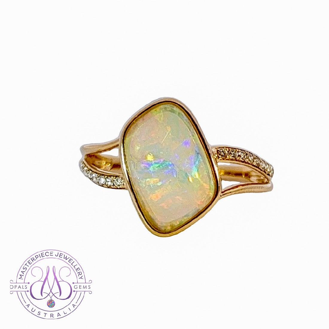 14kt Yellow Gold wave split shank White Opal ring - Masterpiece Jewellery Opal & Gems Sydney Australia | Online Shop