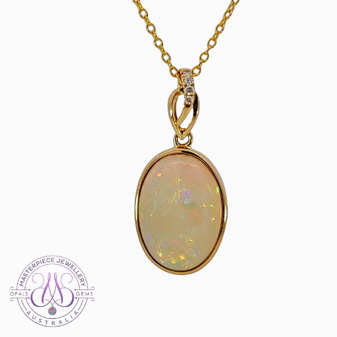 14kt Yellow Gold pendant White Opal and Diamond - Masterpiece Jewellery Opal & Gems Sydney Australia | Online Shop