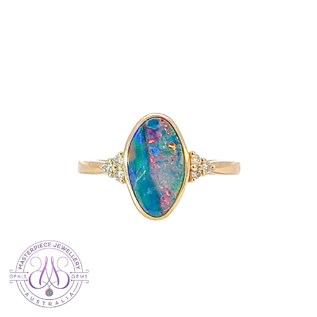 One 14kt Yellow Gold Oval freeform Red and Green Opal doublet with diamonds ring - Masterpiece Jewellery Opal & Gems Sydney Australia | Online Shop