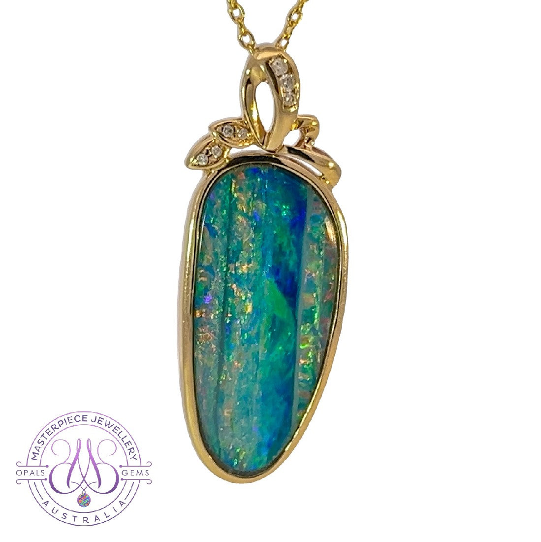 14kt Yellow Gold Multi colour Opal doublet with diamonds - Masterpiece Jewellery Opal & Gems Sydney Australia | Online Shop