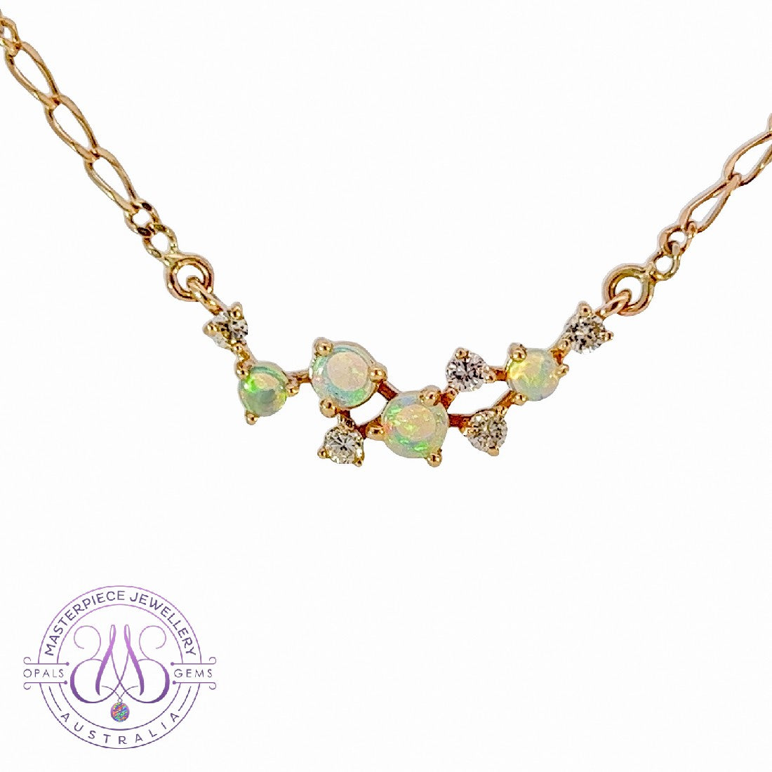 9kt Yellow Gold scatter Opal and Diamond design necklace - Masterpiece Jewellery Opal & Gems Sydney Australia | Online Shop