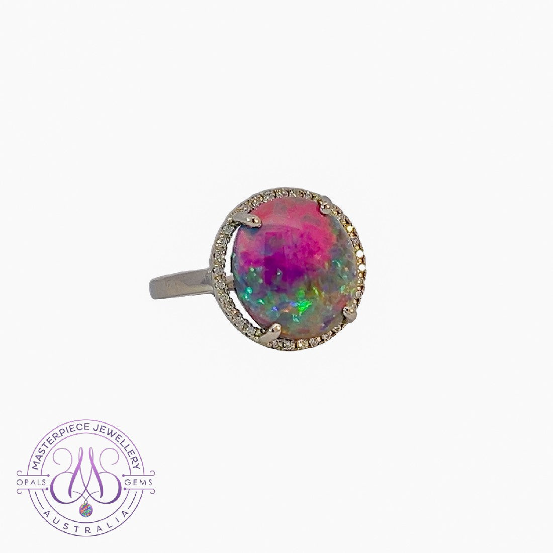 Platinum Halo ring with Black Opal 6.2ct Red flashes and Diamonds - Masterpiece Jewellery Opal & Gems Sydney Australia | Online Shop