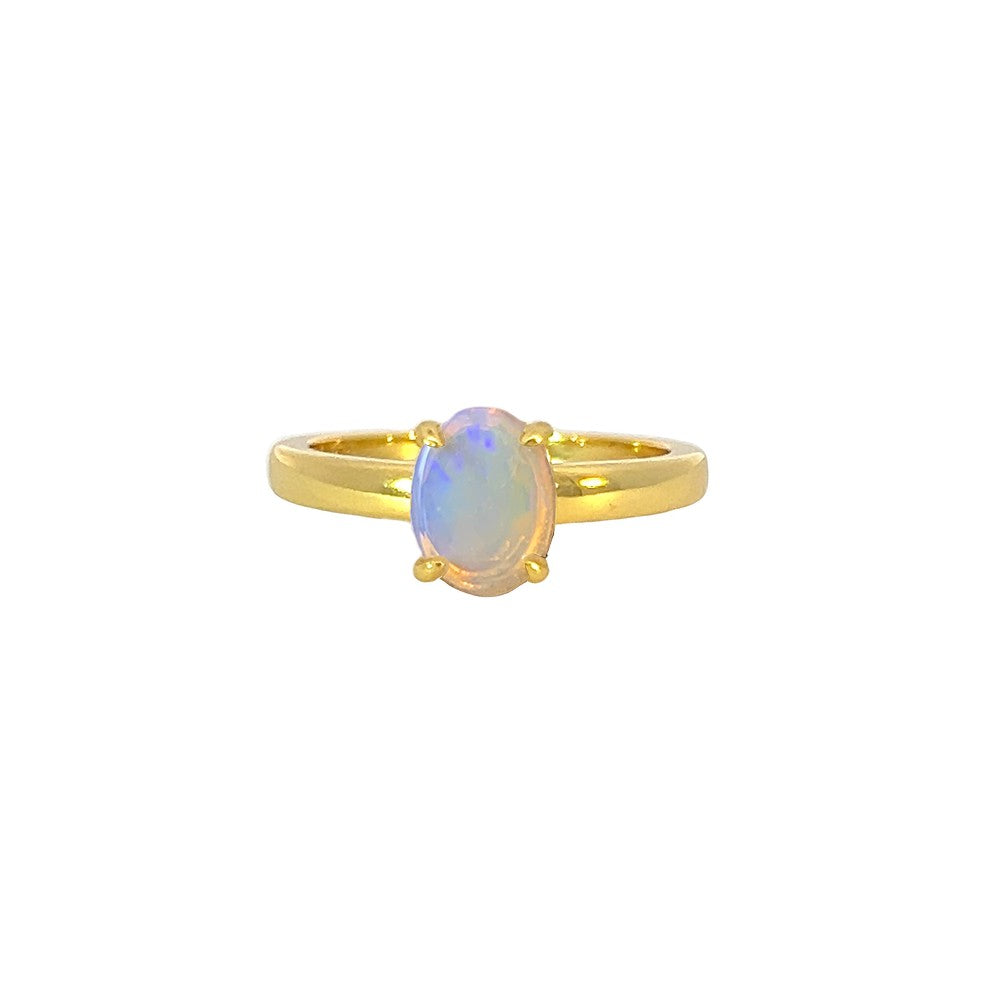 Gold plated silver White Opal 8x6mm solitaire ring - Masterpiece Jewellery Opal & Gems Sydney Australia | Online Shop