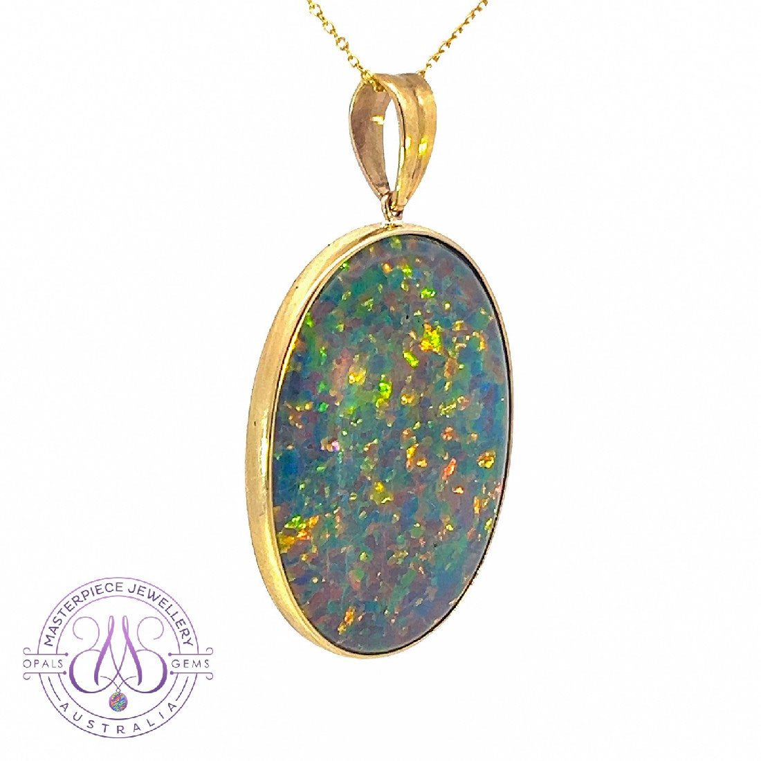 9kt Yellow Gold Opal bezel set 40x30mm vertical pendant - Masterpiece Jewellery Opal & Gems Sydney Australia | Online Shop