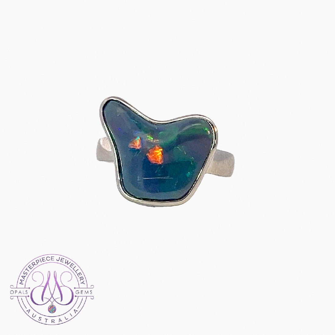 One Black Opal 6.46ct freeform Australia shape silver ring - Masterpiece Jewellery Opal & Gems Sydney Australia | Online Shop