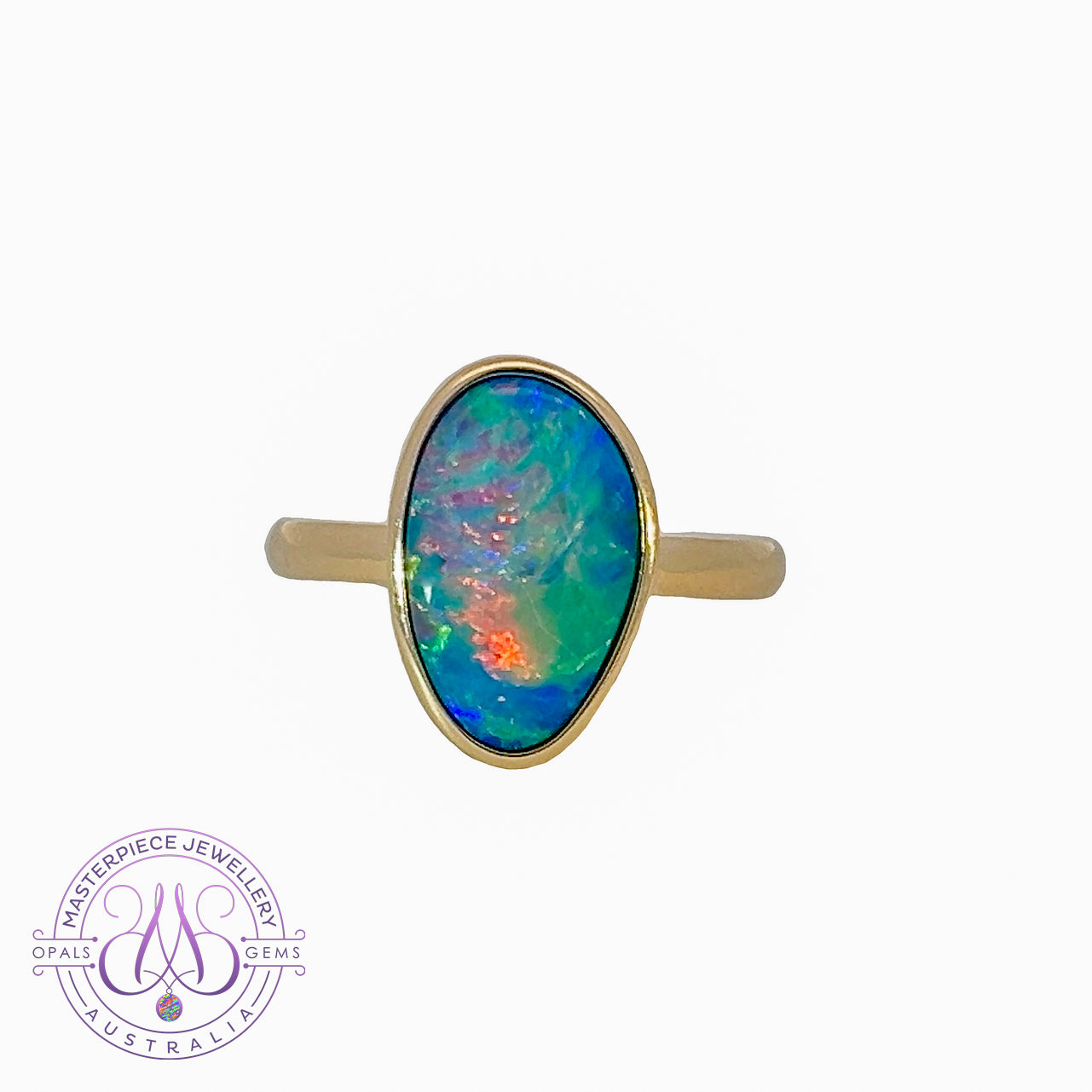 14kt Yellow Gold solitaire Black Opal 2.9ct doublet bezel set ring - Masterpiece Jewellery Opal & Gems Sydney Australia | Online Shop