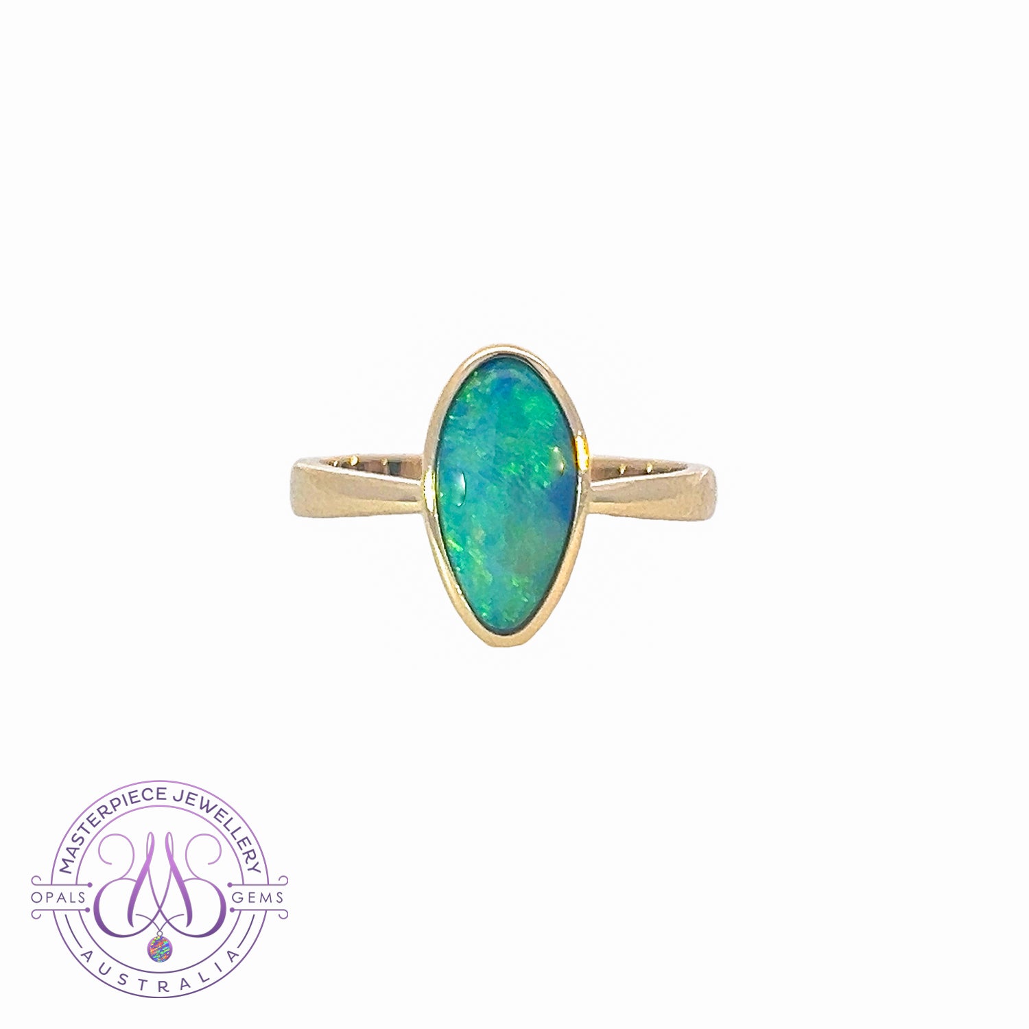 9kt Yellow Gold Black Opal 1.62ct freeform doublet bezel set ring - Masterpiece Jewellery Opal & Gems Sydney Australia | Online Shop