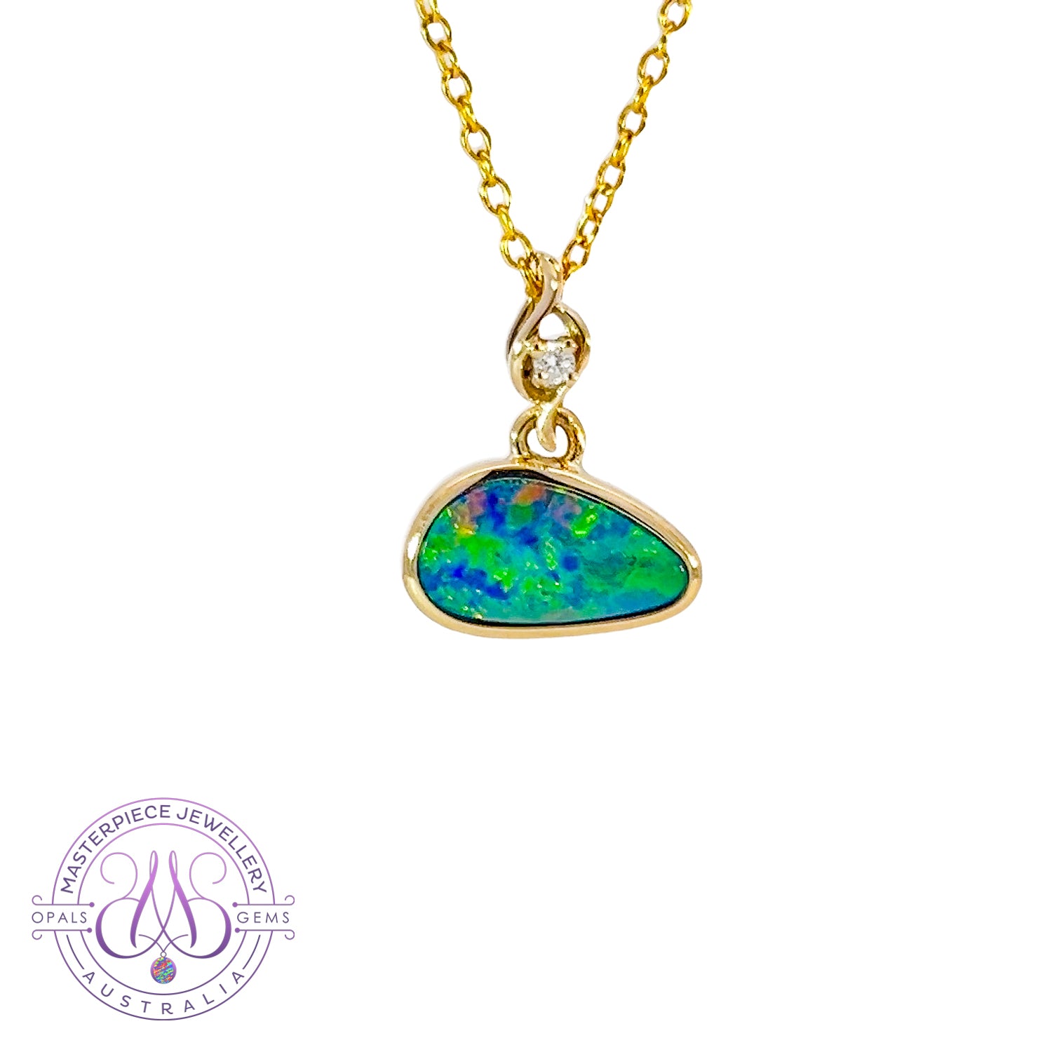 9kt Yellow Gold bezel set Opal doublet and diamond pendant - Masterpiece Jewellery Opal & Gems Sydney Australia | Online Shop