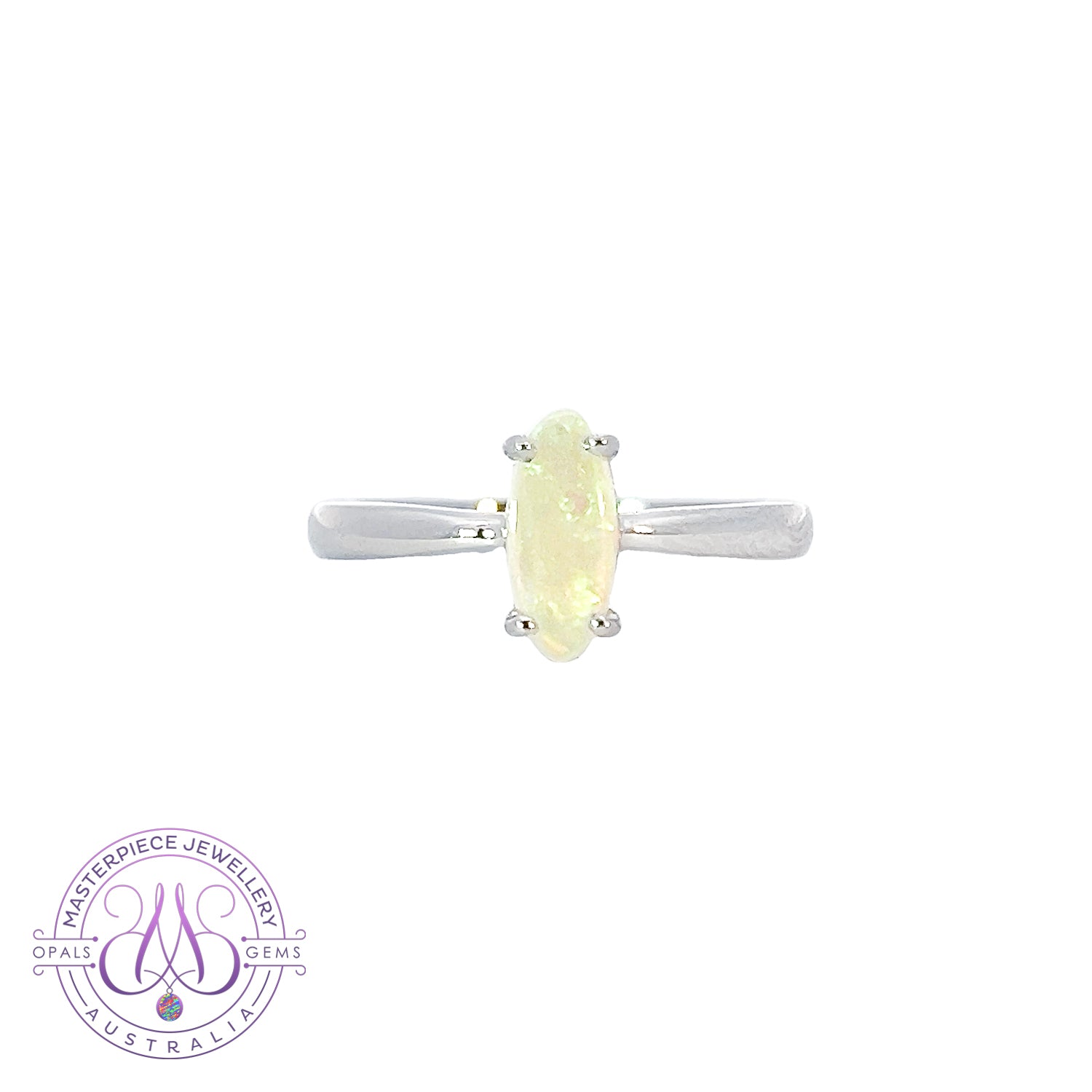 Sterling Silver White Opal solitaire ring 9x4mm - Masterpiece Jewellery Opal & Gems Sydney Australia | Online Shop