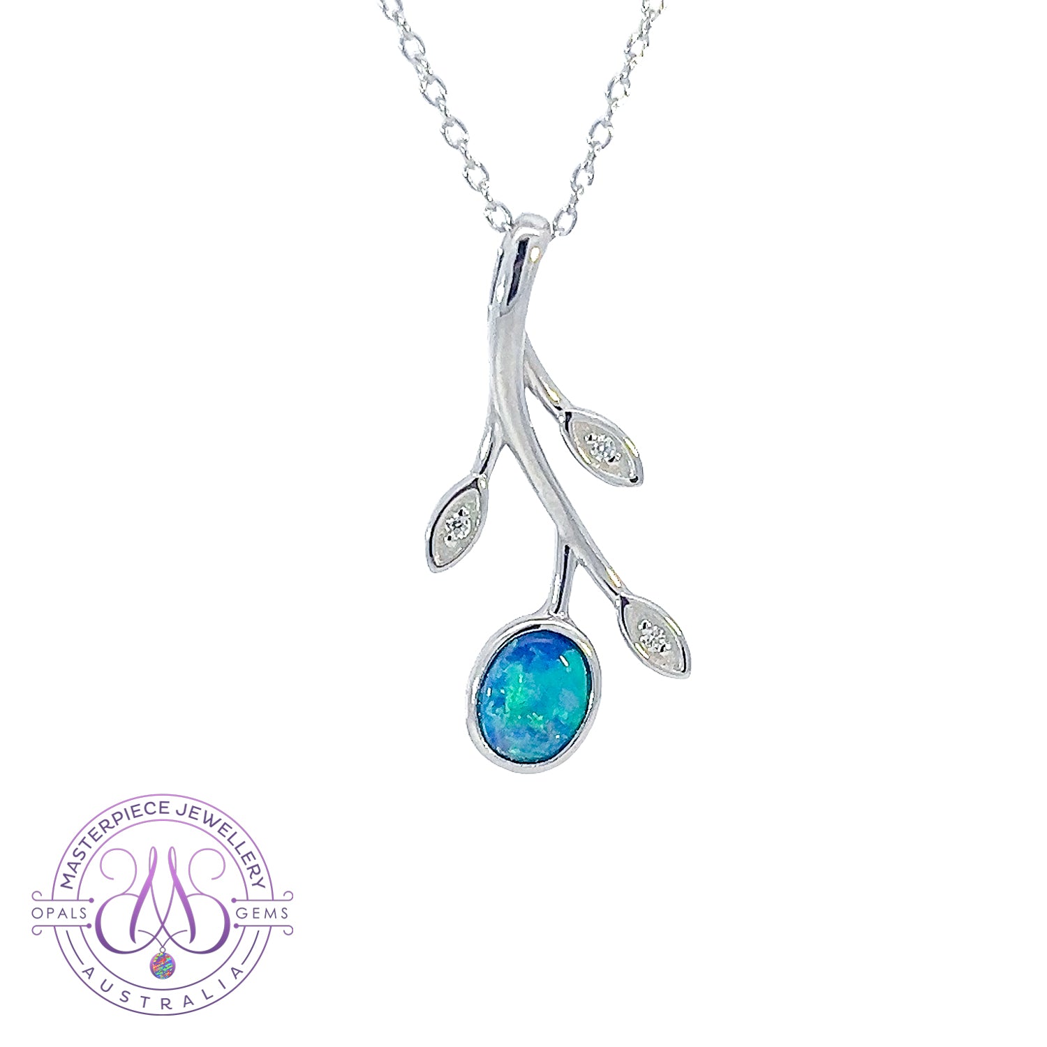 Sterling Silver Blue Opal doublet leaf pattern pendant - Masterpiece Jewellery Opal & Gems Sydney Australia | Online Shop