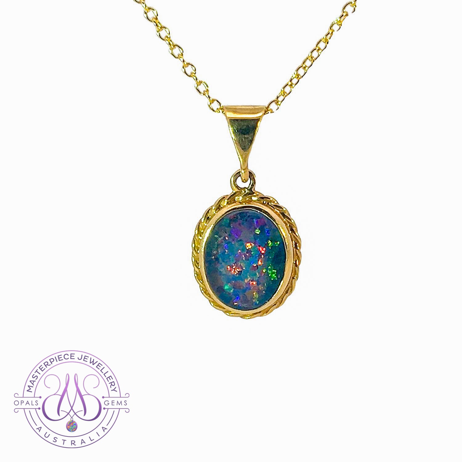 18kt Yellow Gold Opal triplet 10x8mm Rope finish pendant - Masterpiece Jewellery Opal & Gems Sydney Australia | Online Shop