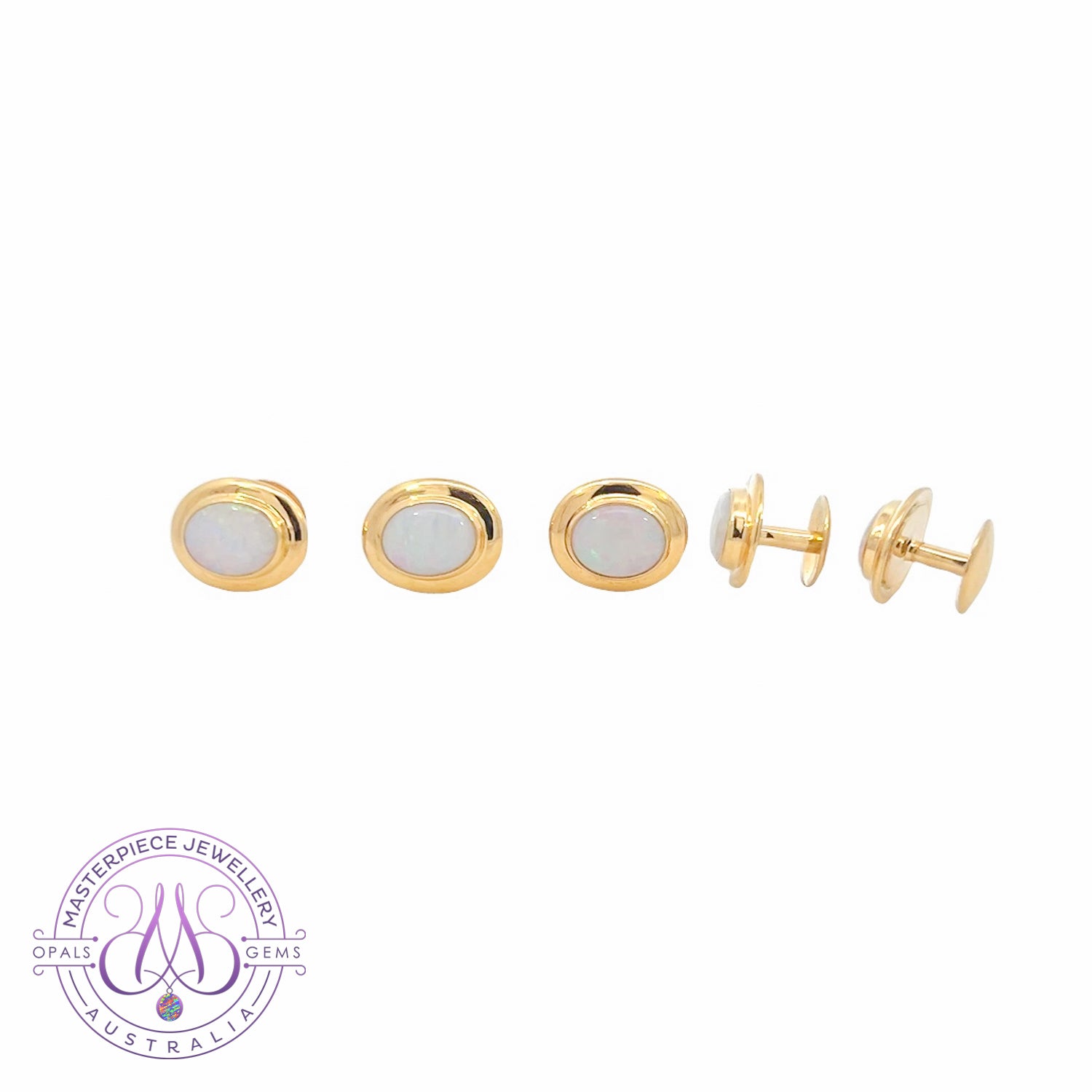 Five 18kt Yellow Gold shirt studs with White Opals - Masterpiece Jewellery Opal & Gems Sydney Australia | Online Shop