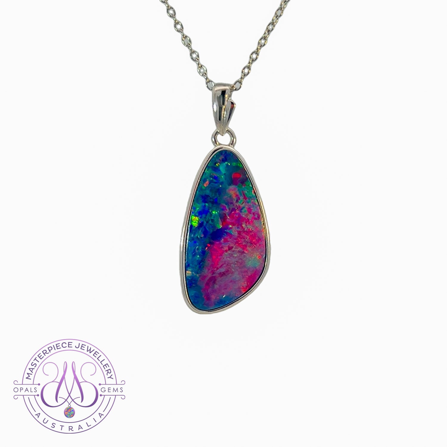 Sterling Silver Red Fire Blue Opal doublet 21x12mm pendant - Masterpiece Jewellery Opal & Gems Sydney Australia | Online Shop