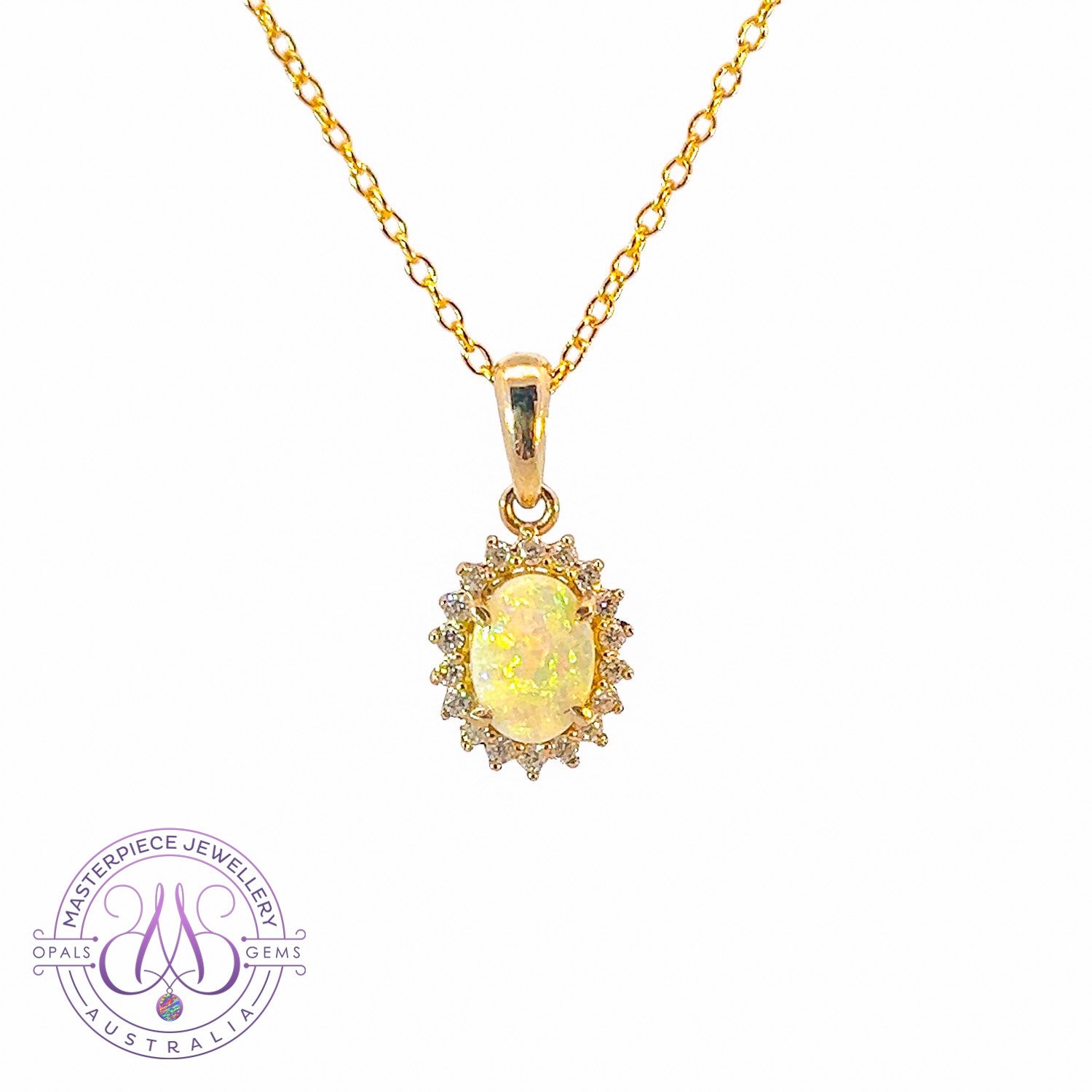 9kt Yellow Gold 7x5mm White Opal and diamond cluster pendant - Masterpiece Jewellery Opal & Gems Sydney Australia | Online Shop