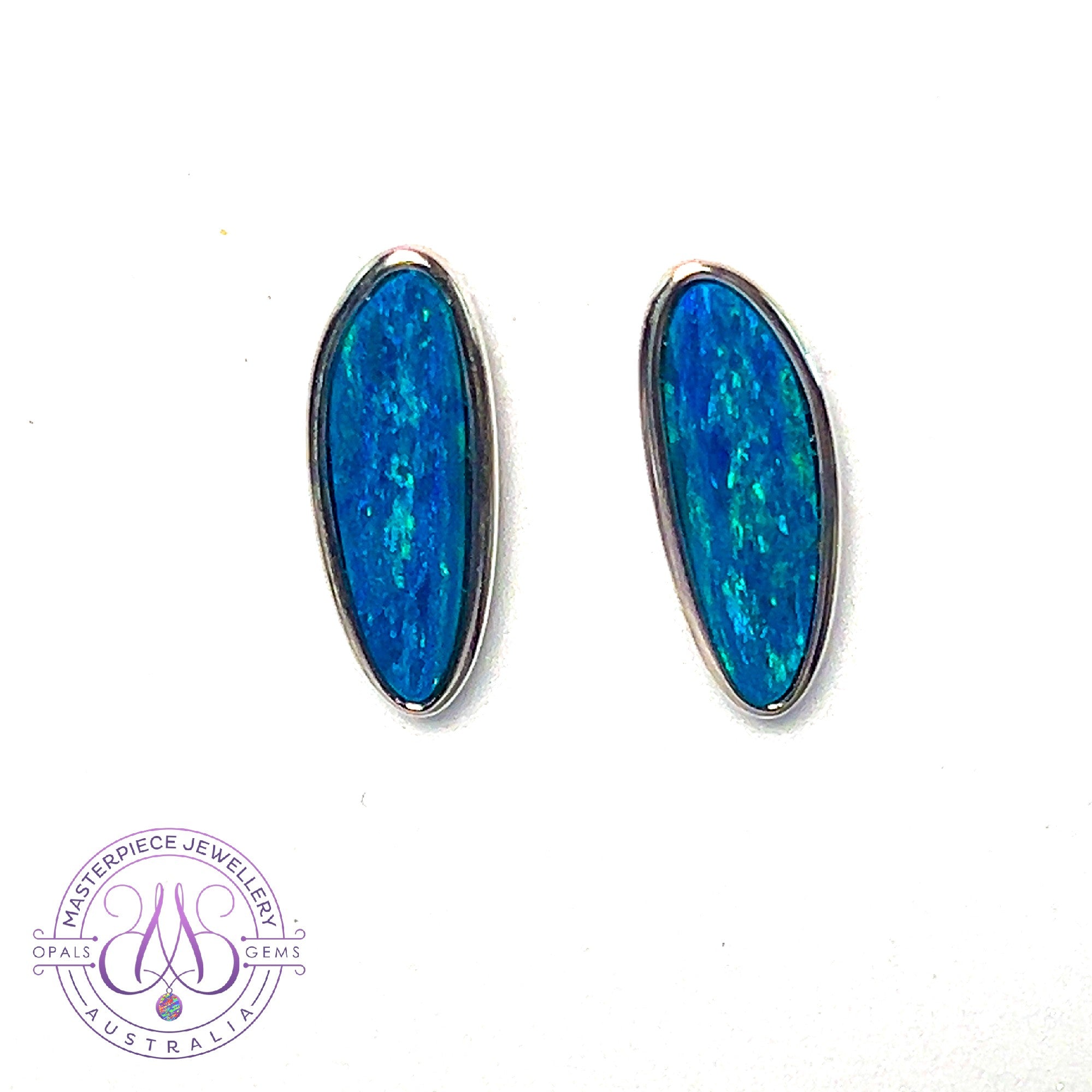 Sterling Silver long studs Blue opal doublets bezel set