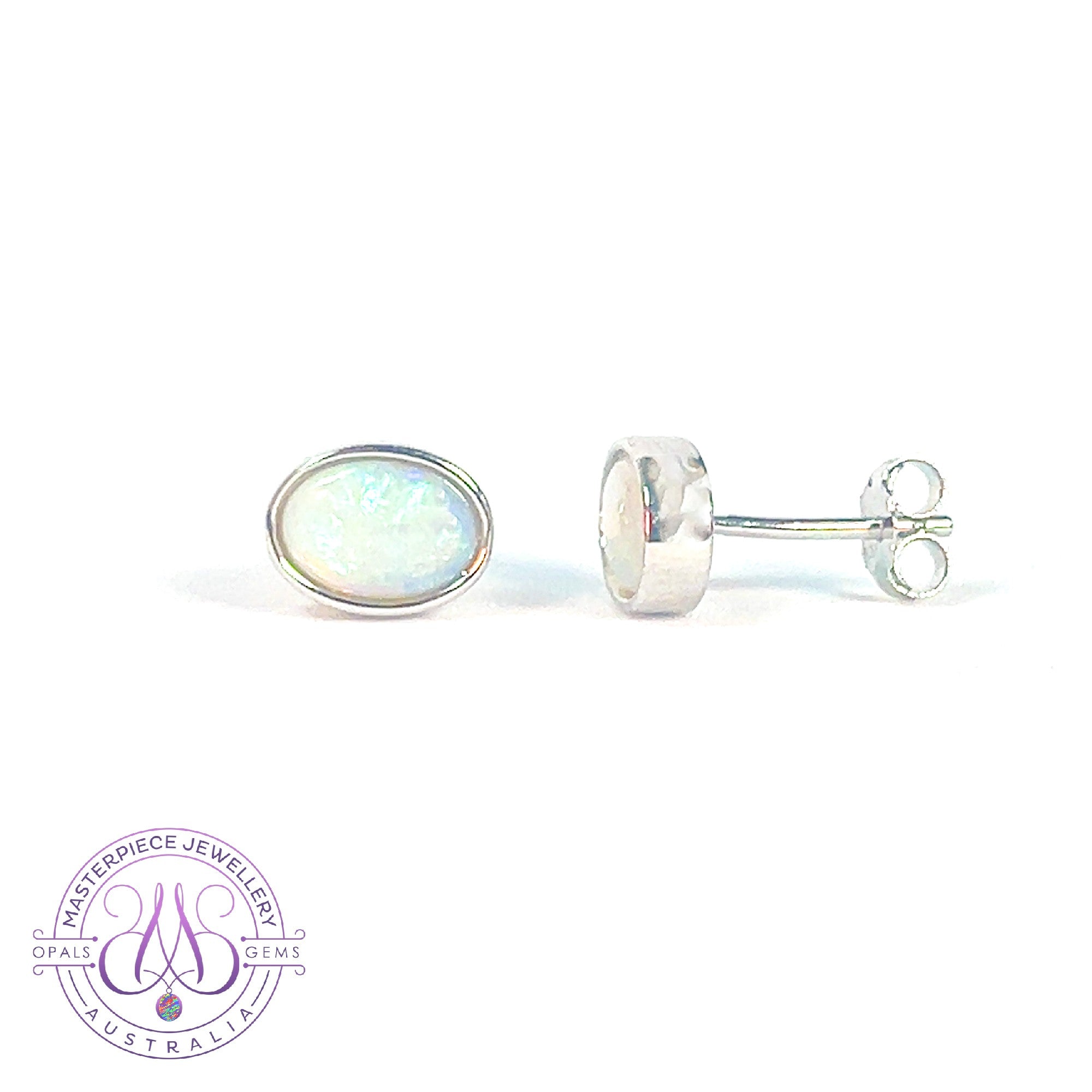 Sterling Silver 7x5mm White Opal bezel set studs