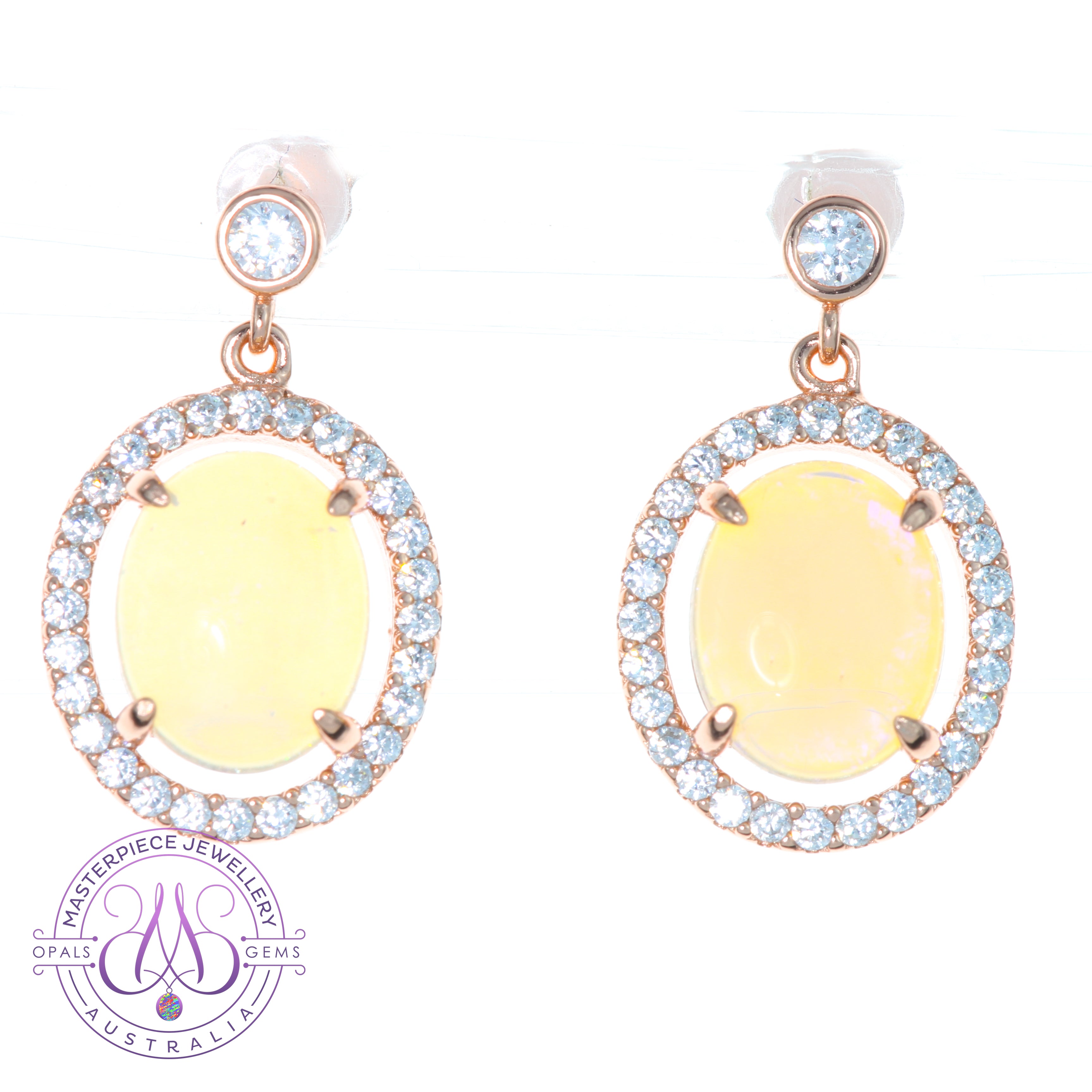 Rose Gold plated Sterling Silver dangling halo earrings 10x8mm White opals - Masterpiece Jewellery Opal & Gems Sydney Australia | Online Shop