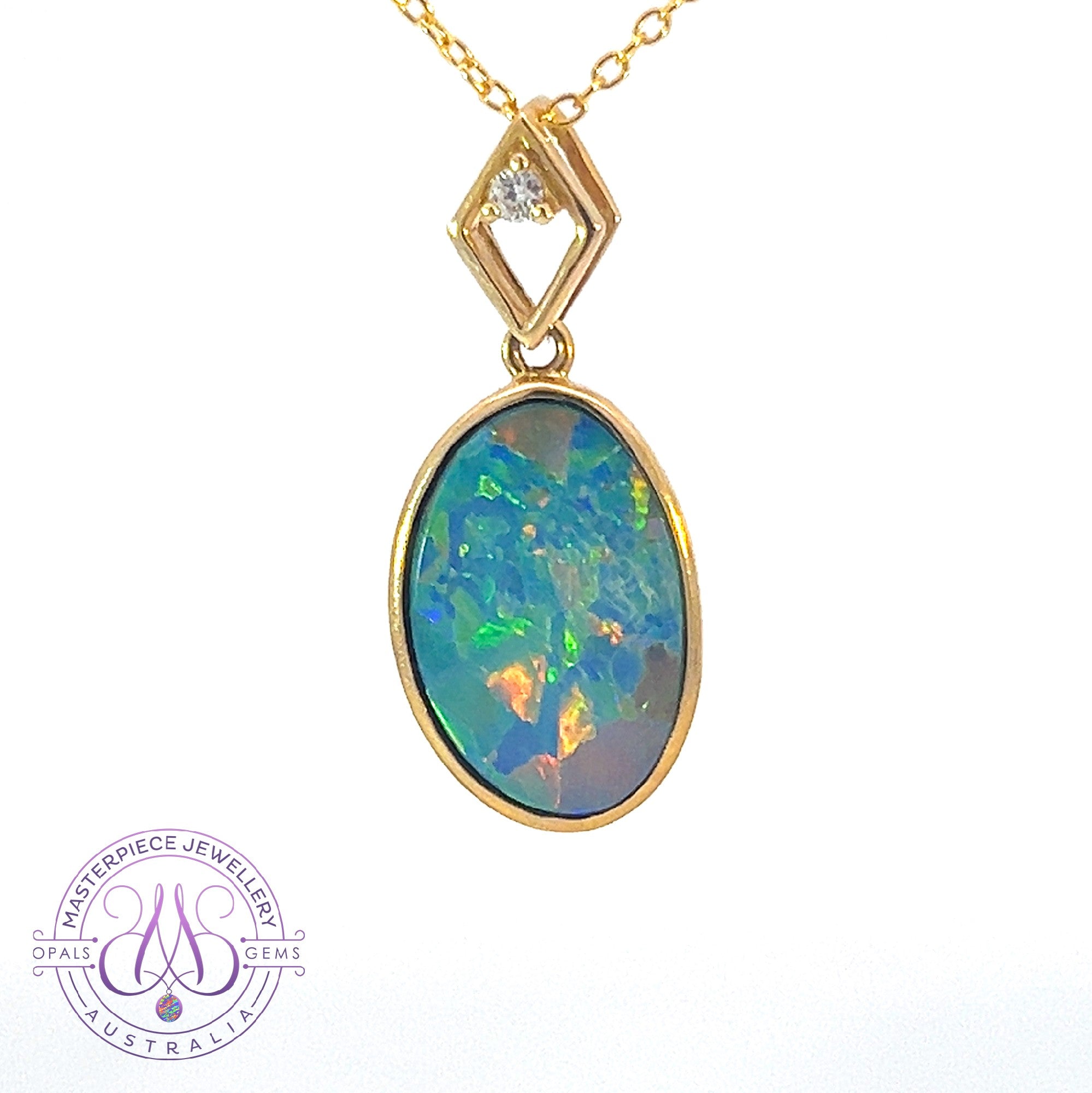One 14kt Yellow Gold Opal Doublet 3.75ct and 0.03ct Diamonds bezel pendant