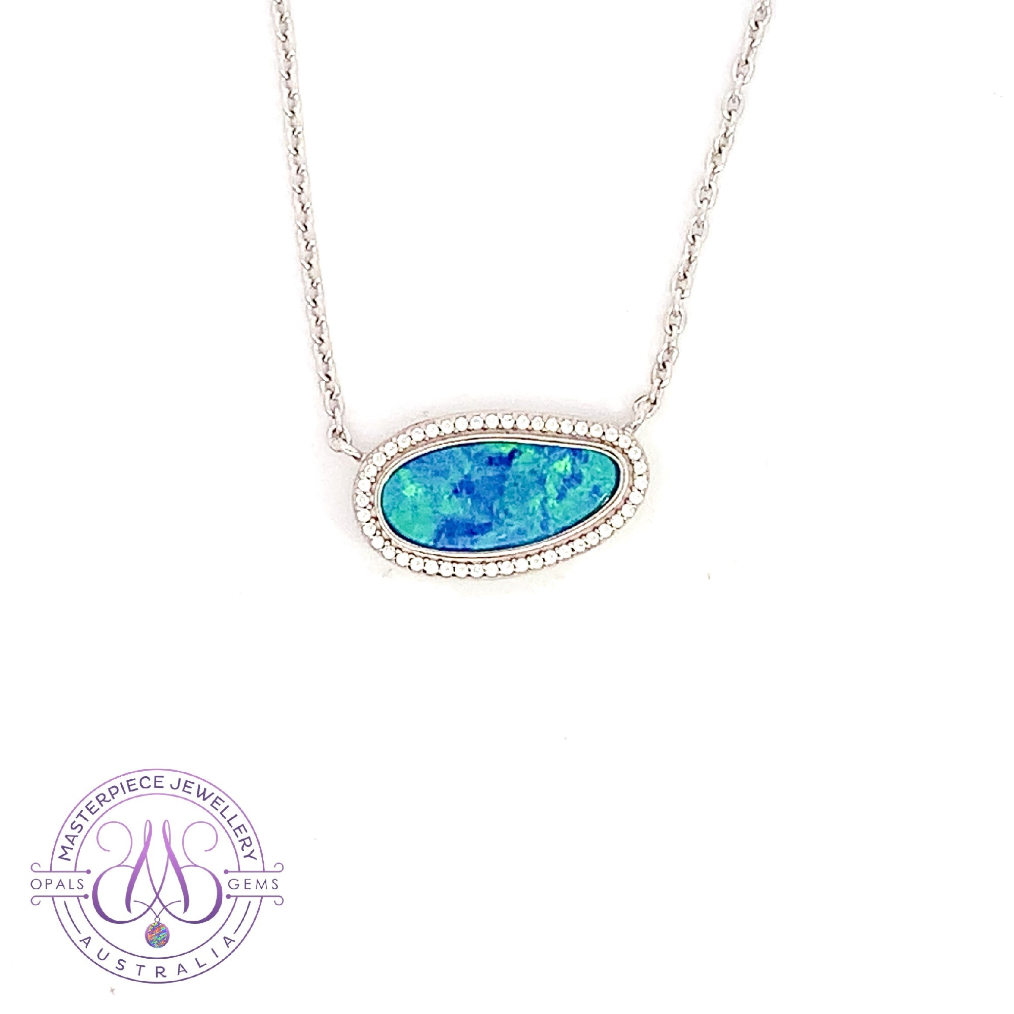 Sterling Silver Halo style Opal doublet necklace Blue Green