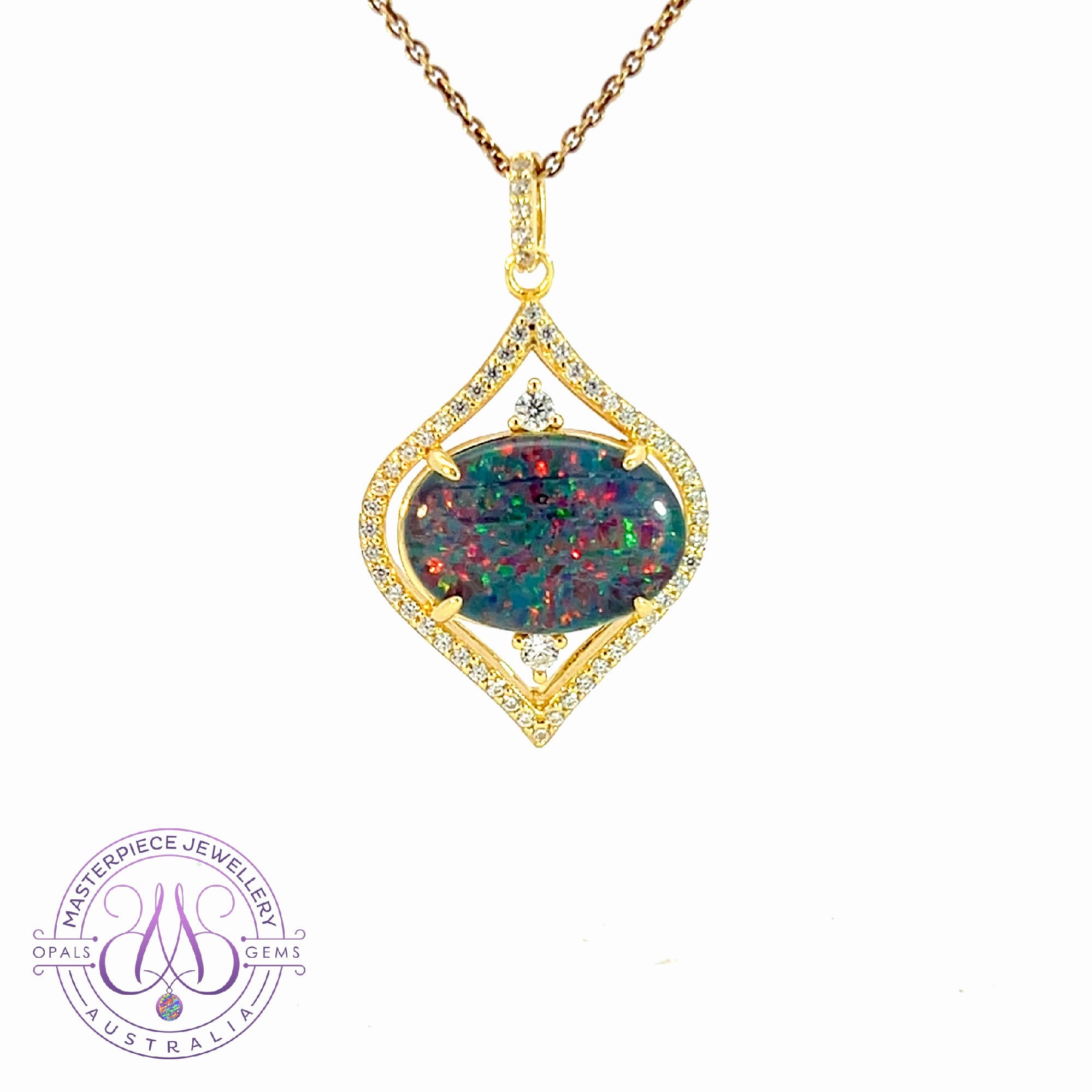 Gold Plated Silver horizontally set Opal triplet 14x10mm pendant