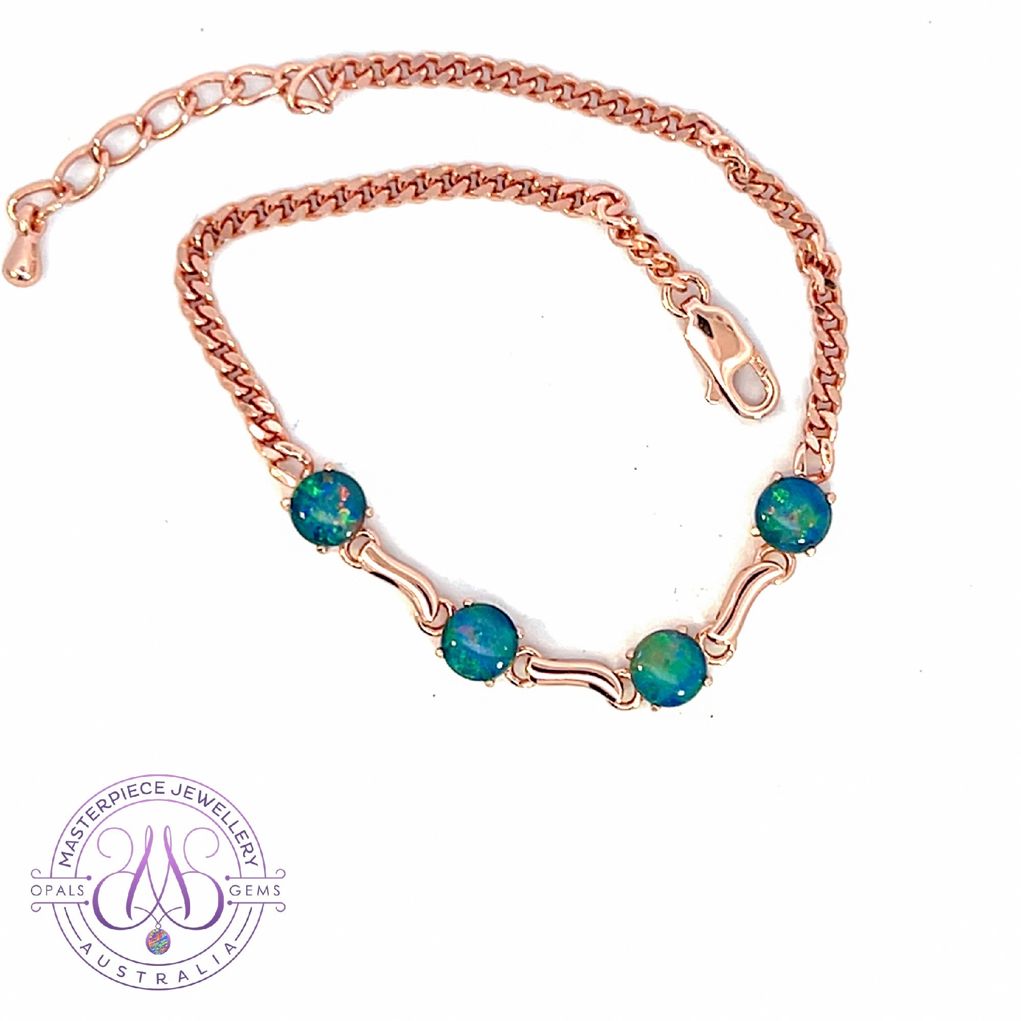Rose Gold plate Silver 5mm round Triplet Opals wave bracelet