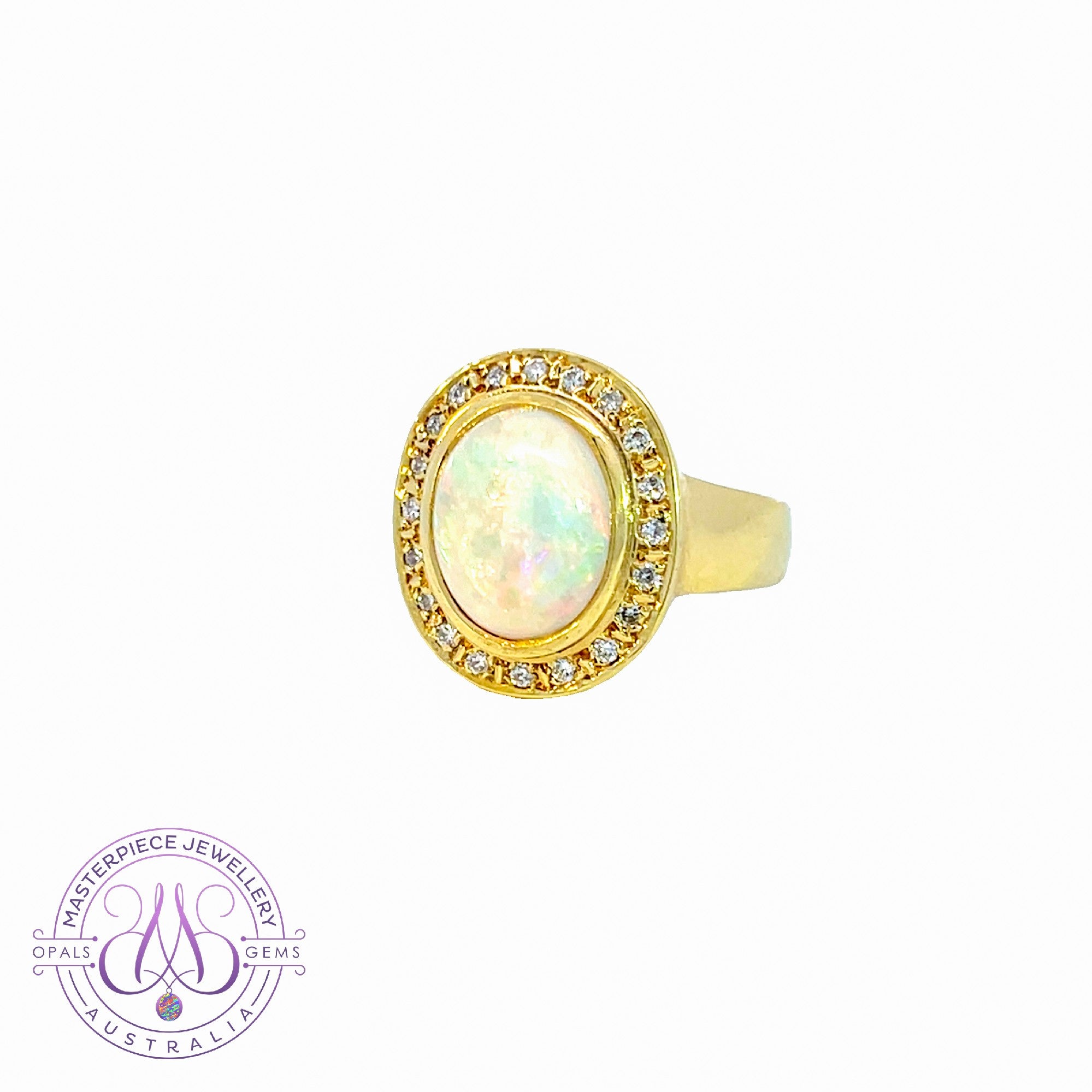 18kt Yellow Gold Crystal Opal 2.3ct and diamond Halo ring