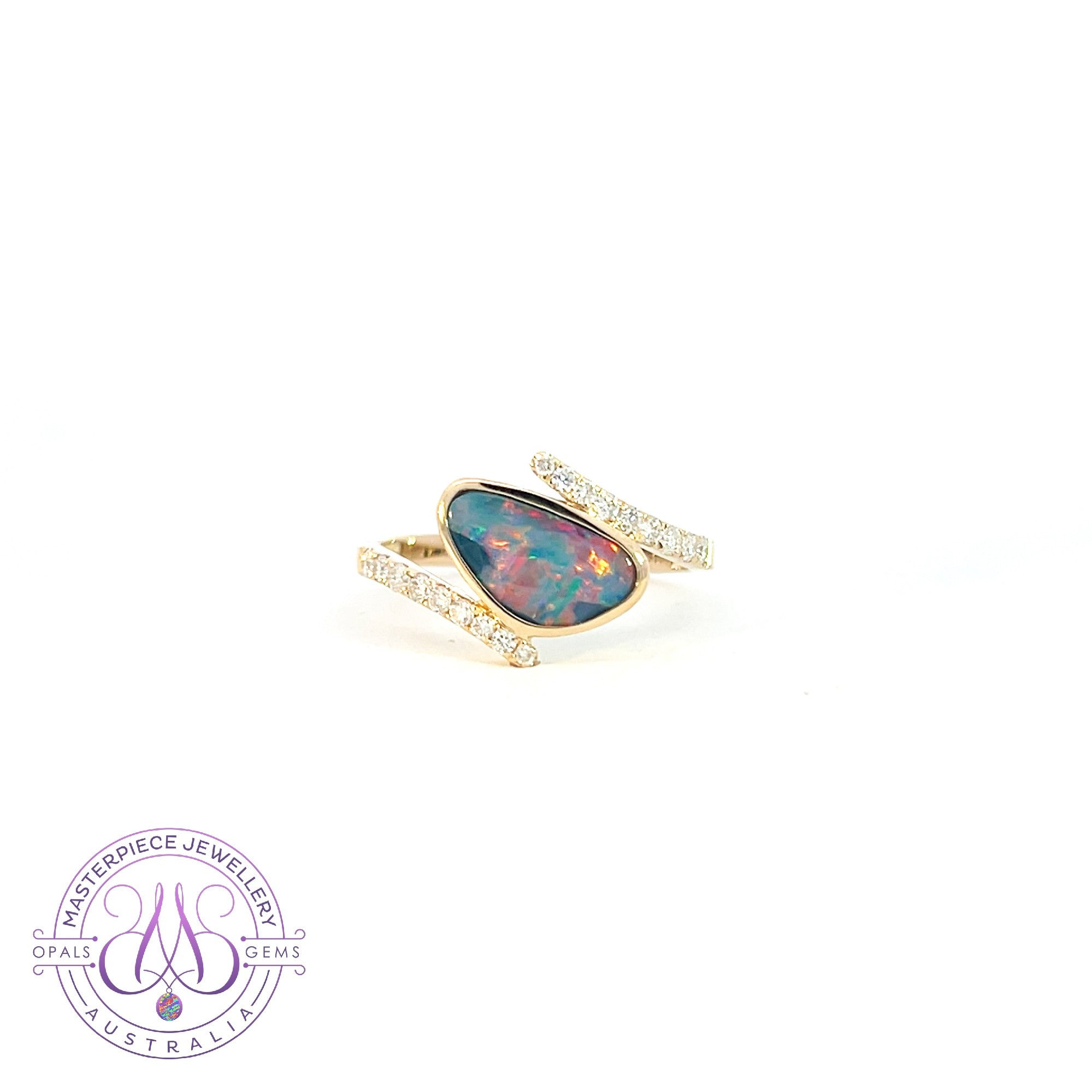 14kt Yellow Gold split shank Opal doublet and diamond ring