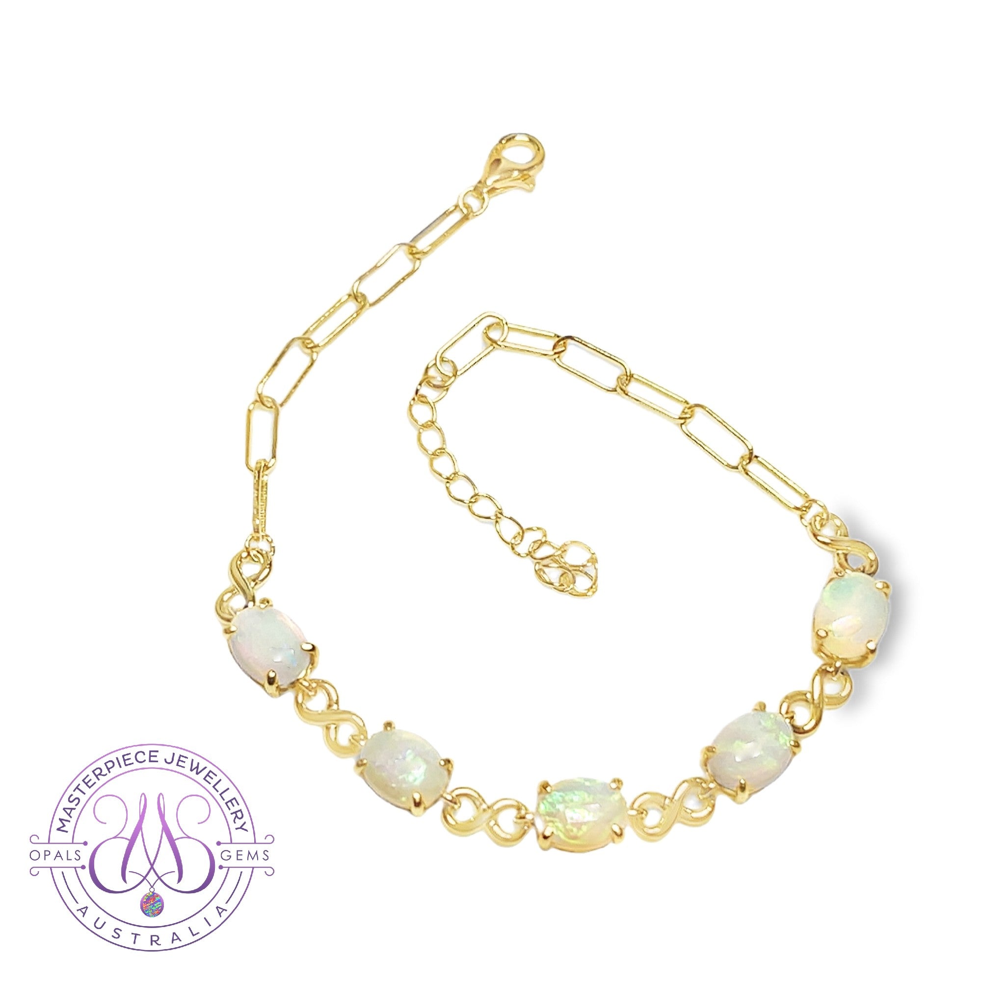 Gold plated silver infinity design light opal 8x6mm bracelet