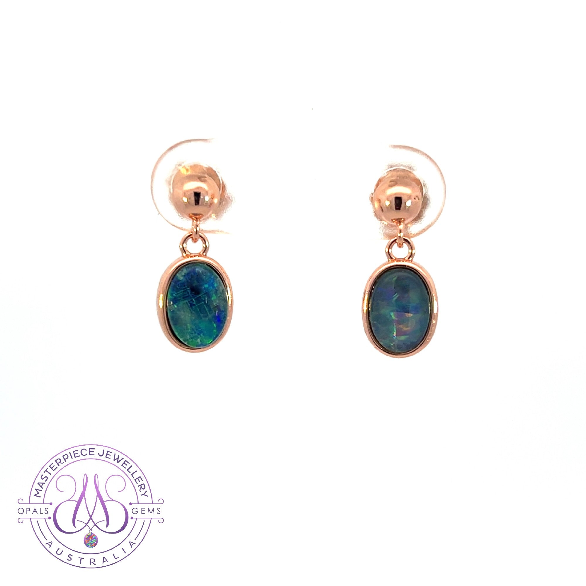 Rose Gold plated silver short dangling 7x5mm Opal triplet earrings 