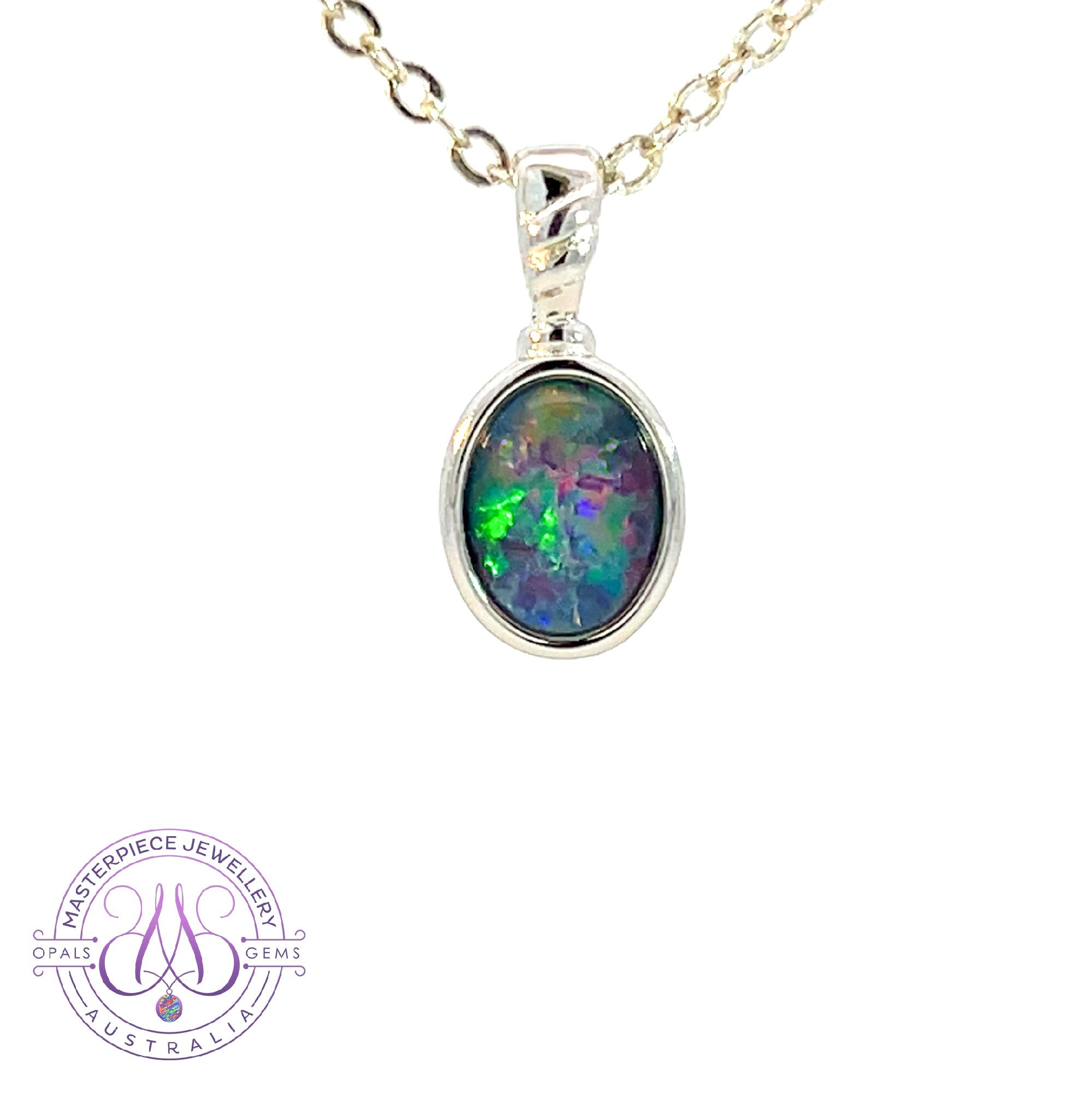 Sterling Silver Opal 8x6mm Opal triplet in bezel set pendant design