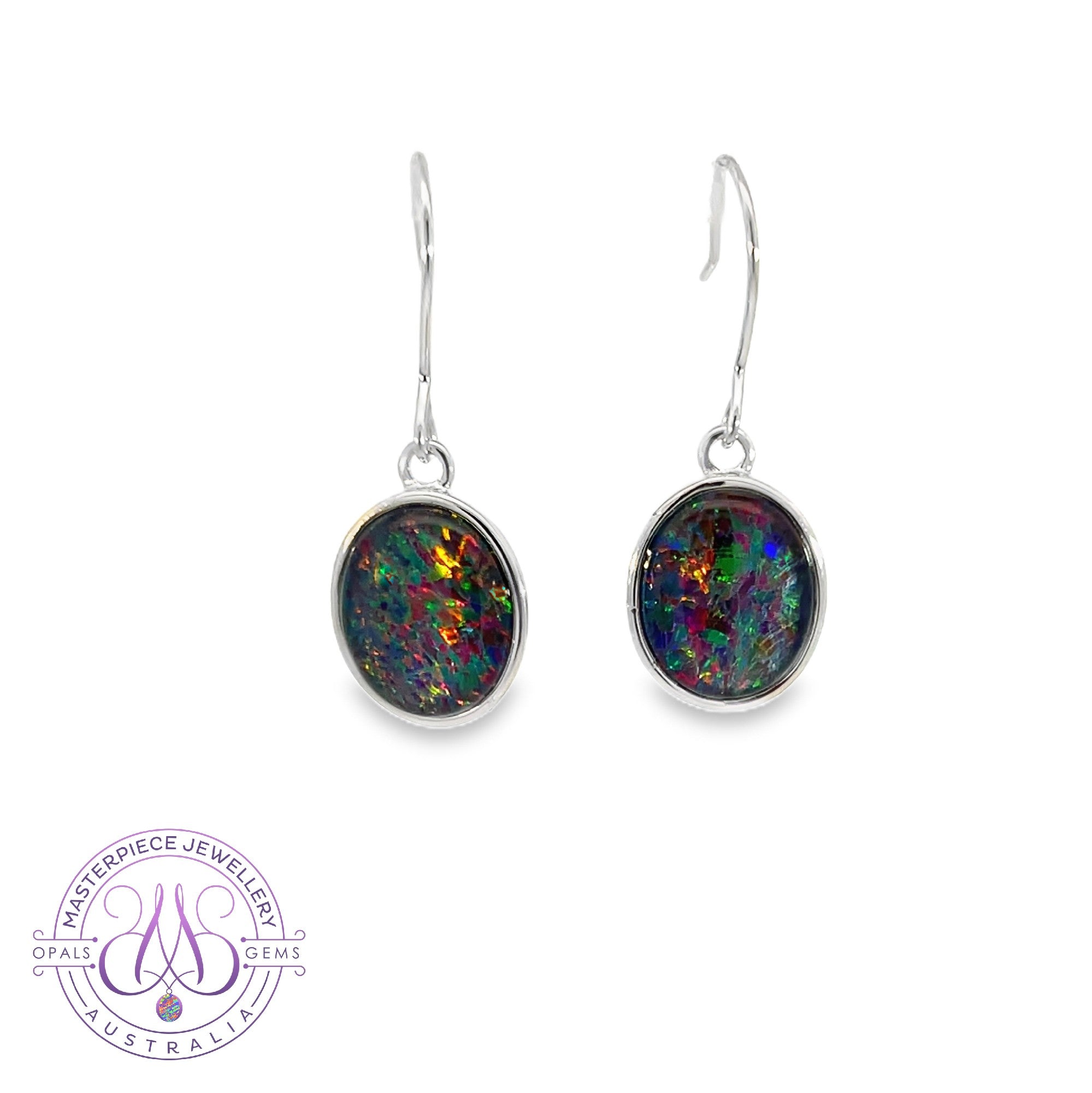Sterling Silver dangling 12x10mm Opal Triplet bezel set earrings hooks