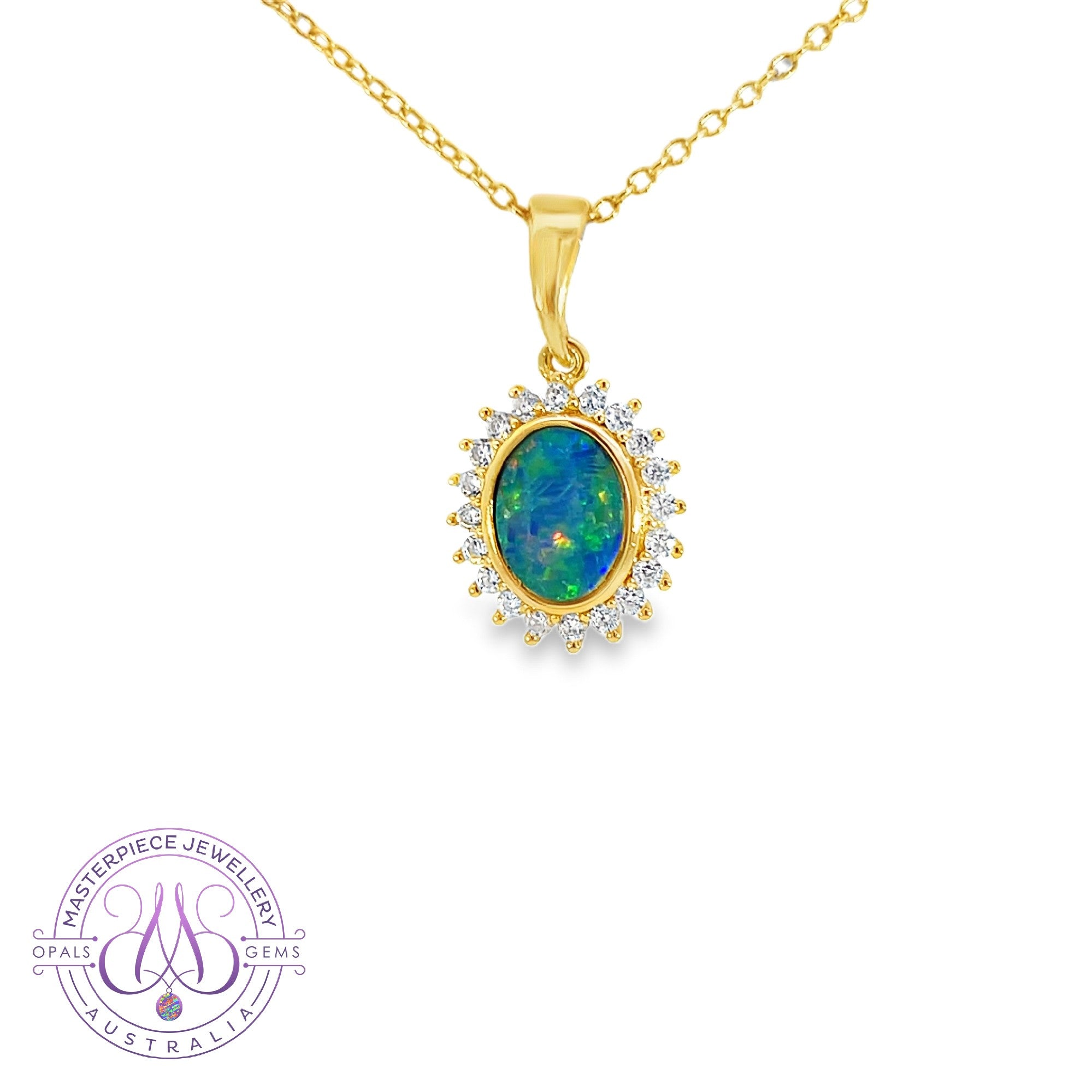 Gold Plated Sterling Silver Halo Opal doublet 8x6mm pendant 