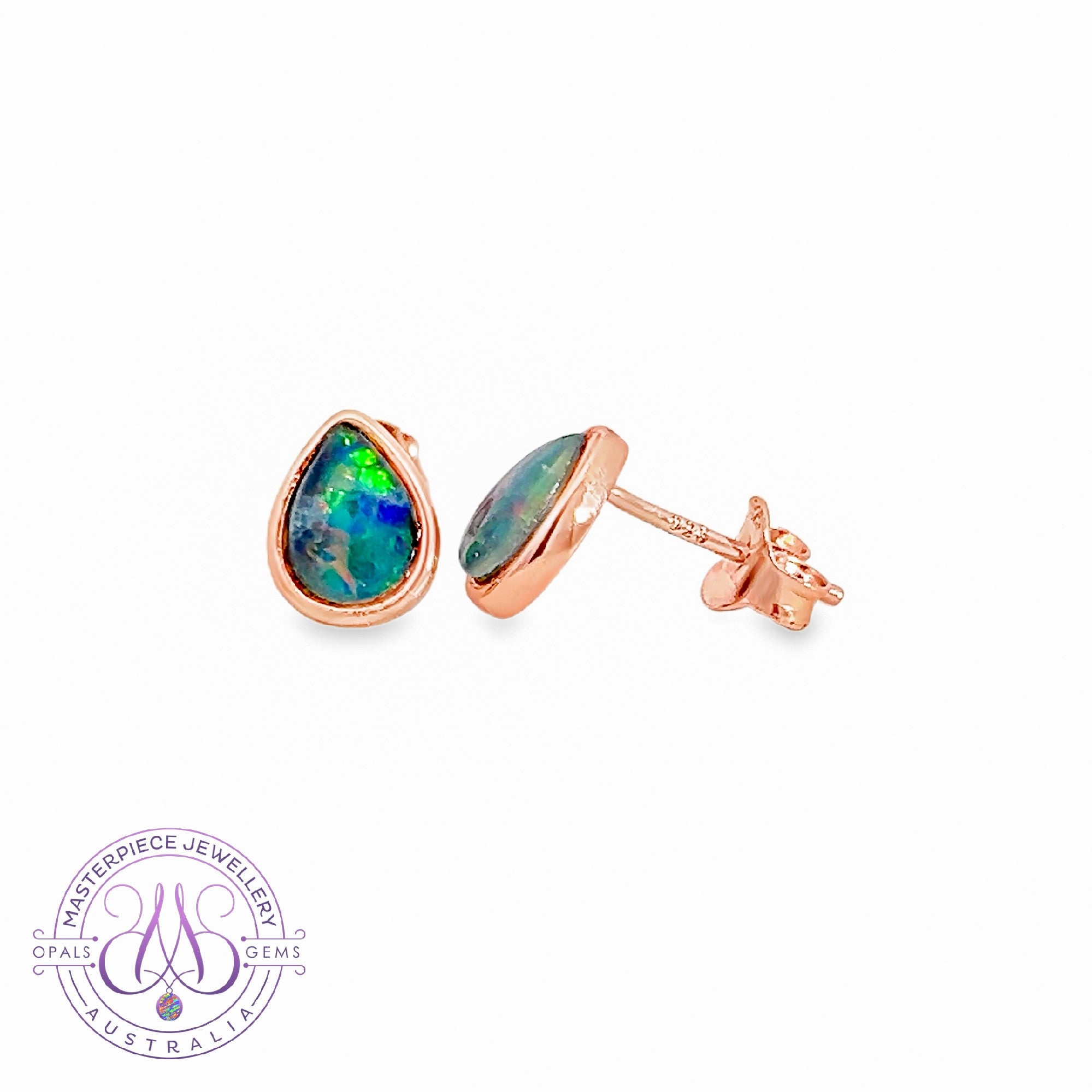 Rose Gold plated 8x5mm Opal Triplet pear shape bezel studs